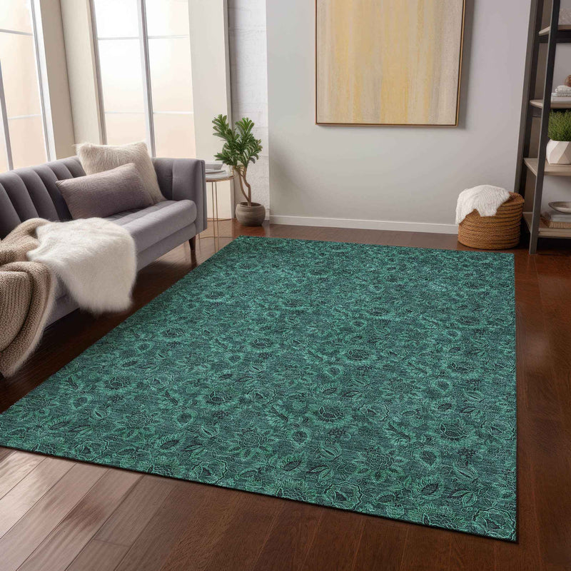3' X 5' Teal Blue Green And Charcoal Floral Washable Indoor Outdoor Area Rug