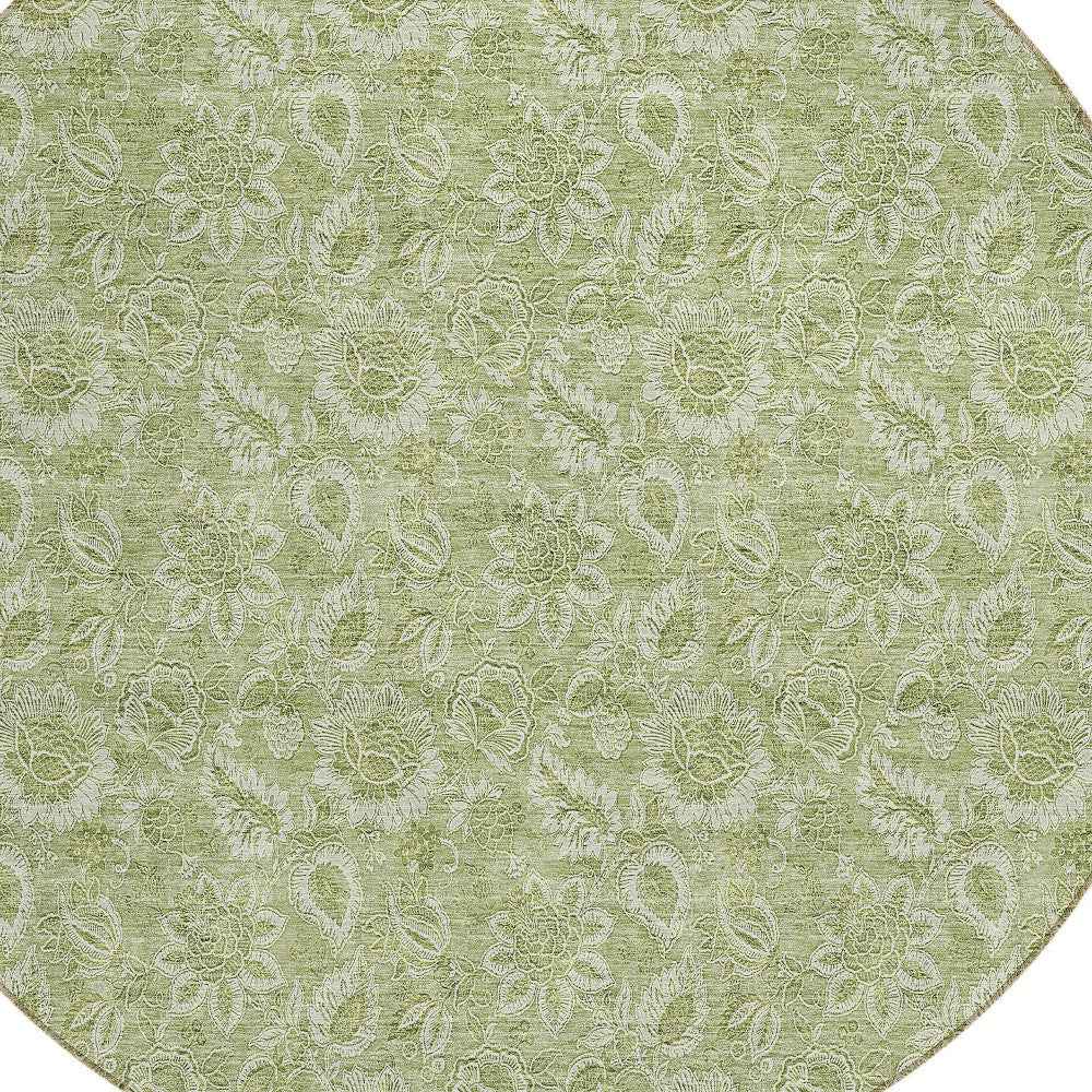 8' Green Blue And Ivory Round Floral Washable Indoor Outdoor Area Rug