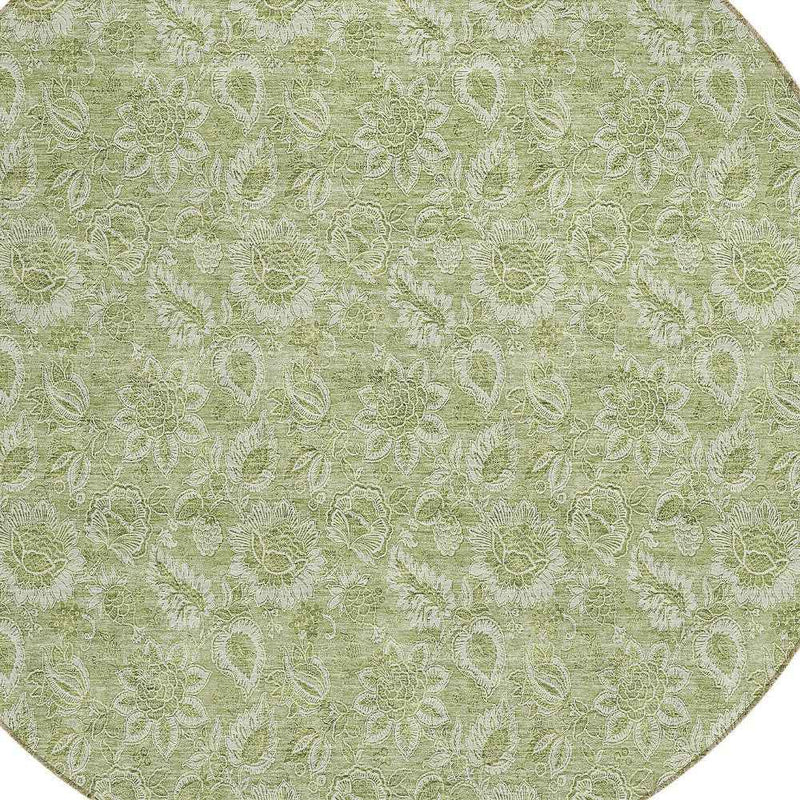 8' Green Blue And Ivory Round Floral Washable Indoor Outdoor Area Rug