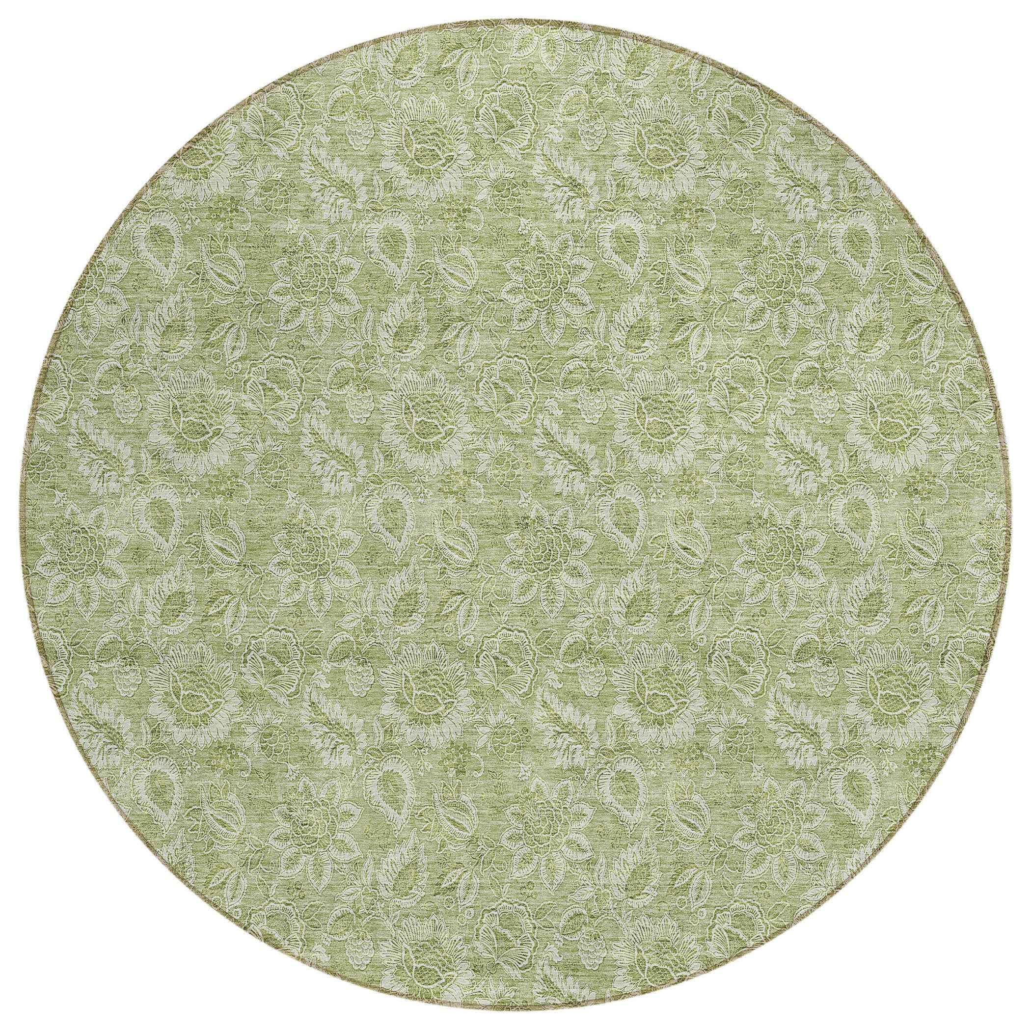 8' Green Blue And Ivory Round Floral Washable Indoor Outdoor Area Rug