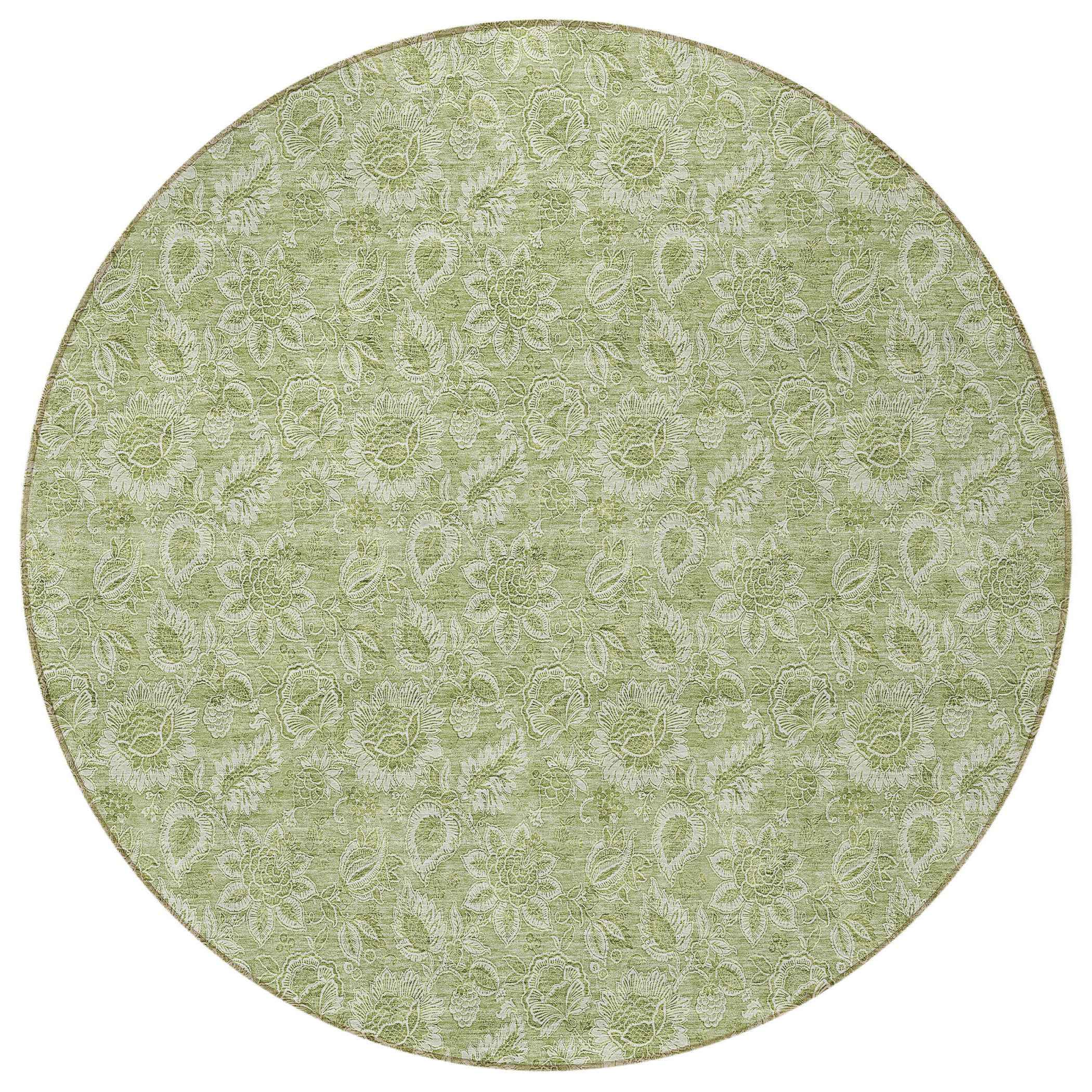 8' Green Blue And Ivory Round Floral Washable Indoor Outdoor Area Rug