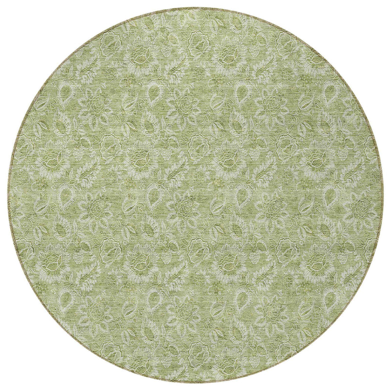 8' Green Blue And Ivory Round Floral Washable Indoor Outdoor Area Rug