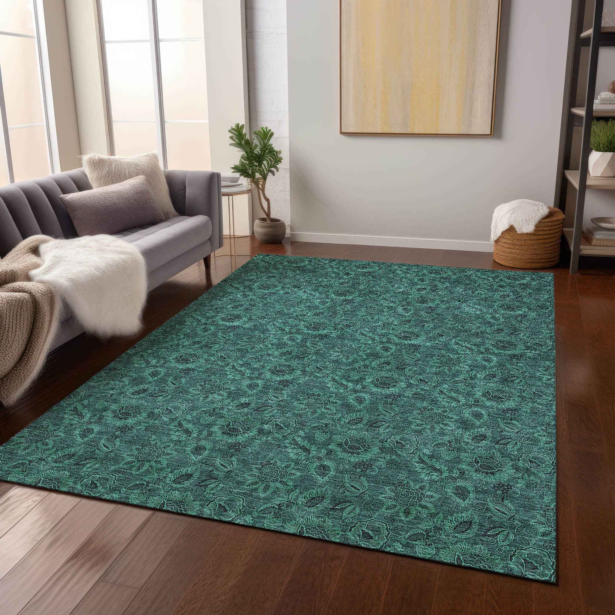 8' X 10' Teal Blue Green And Charcoal Floral Washable Indoor Outdoor Area Rug