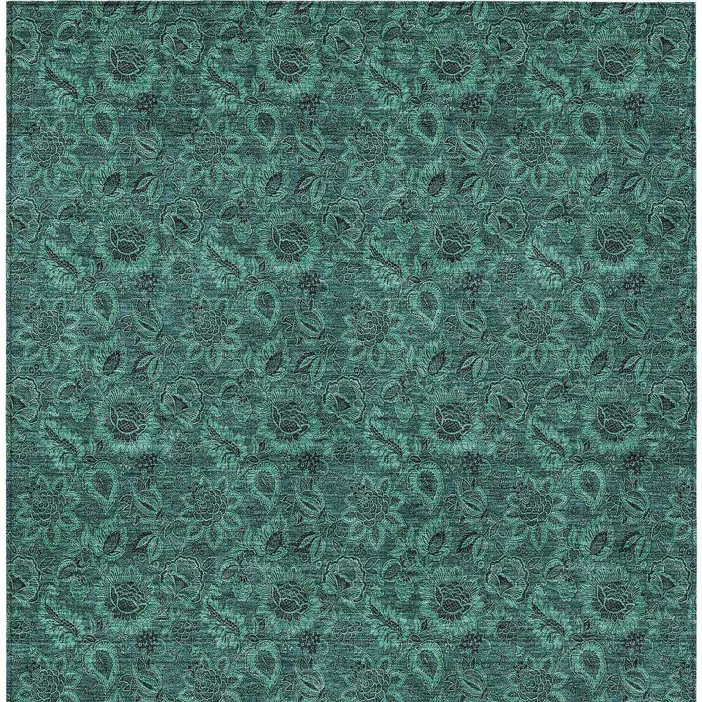 8' X 10' Teal Blue Green And Charcoal Floral Washable Indoor Outdoor Area Rug