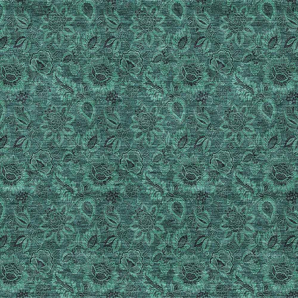 8' X 10' Teal Blue Green And Charcoal Floral Washable Indoor Outdoor Area Rug