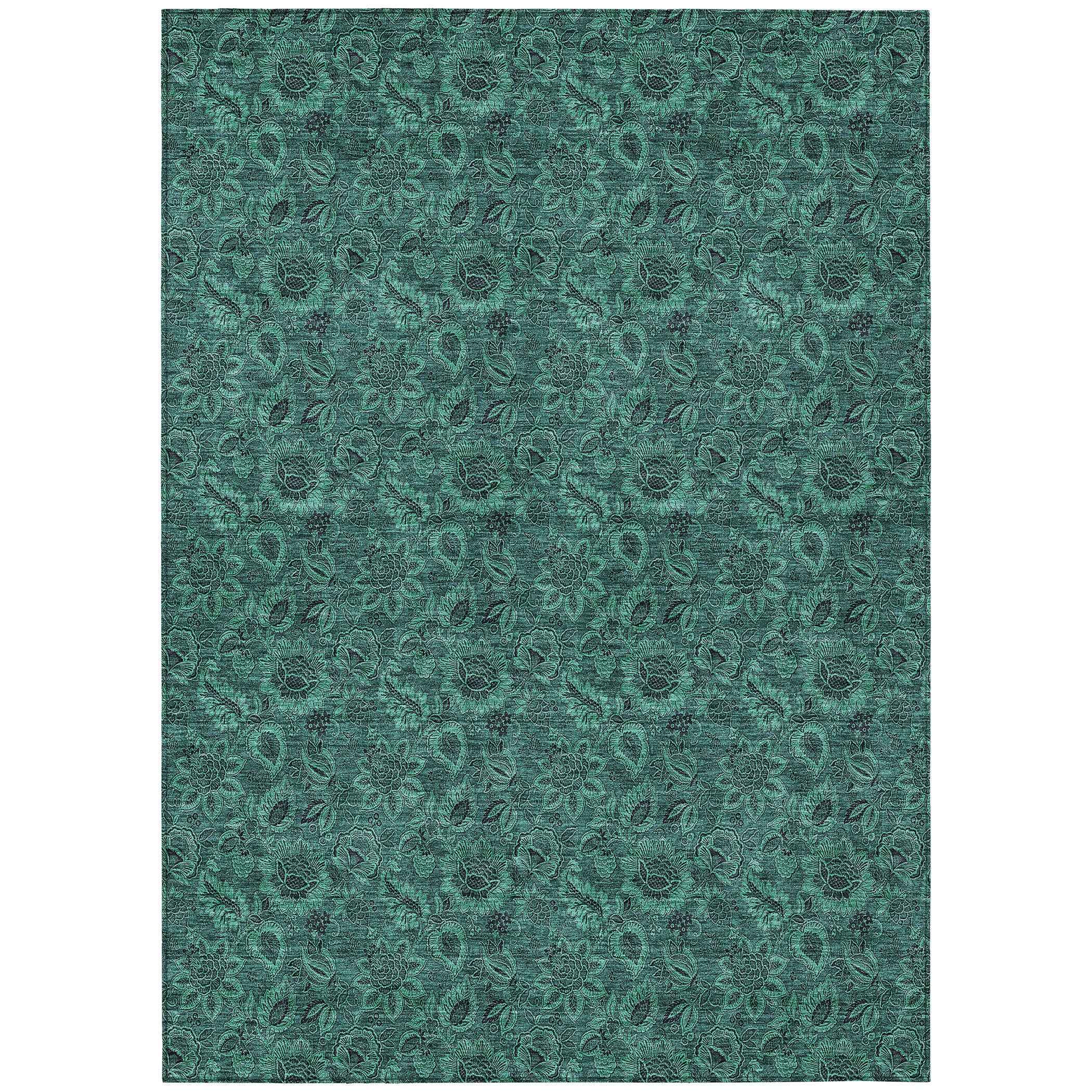 8' X 10' Teal Blue Green And Charcoal Floral Washable Indoor Outdoor Area Rug
