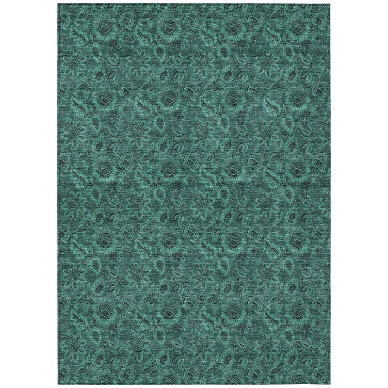 8' X 10' Teal Blue Green And Charcoal Floral Washable Indoor Outdoor Area Rug