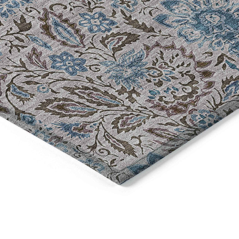 8' X 10' Brown And Blue Floral Washable Indoor Outdoor Area Rug
