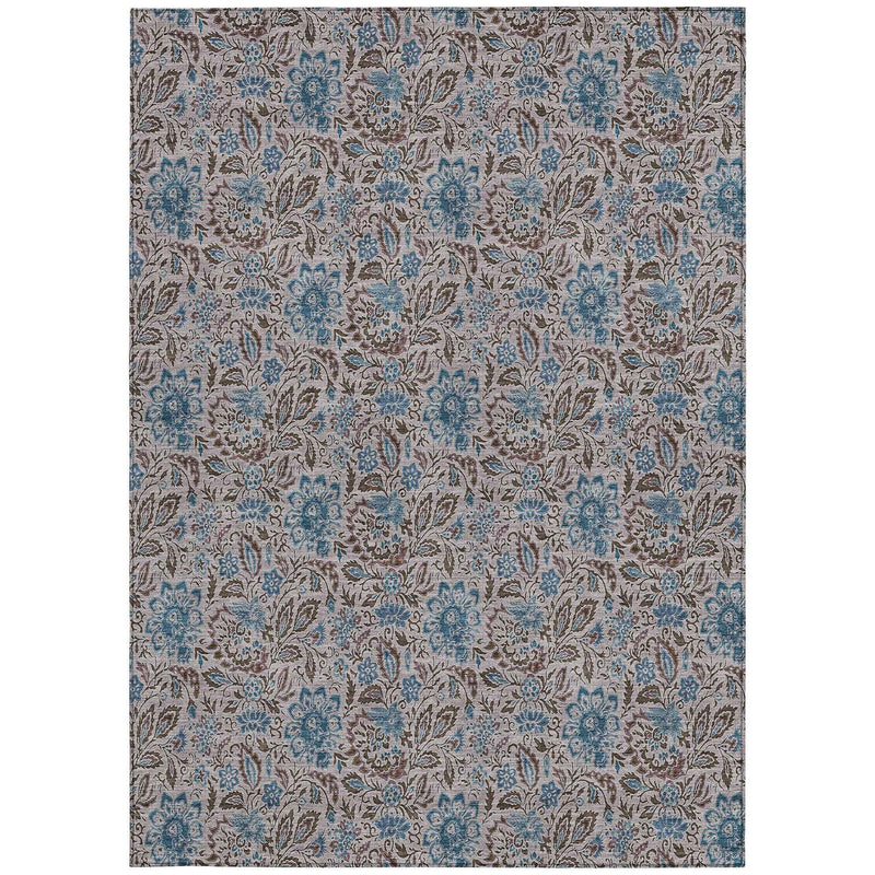 8' X 10' Brown And Blue Floral Washable Indoor Outdoor Area Rug
