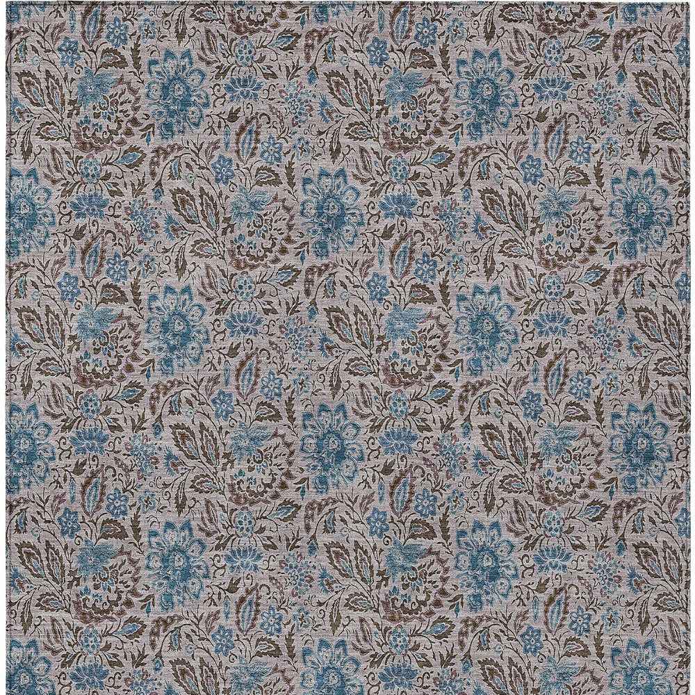 8' X 10' Brown And Blue Floral Washable Indoor Outdoor Area Rug