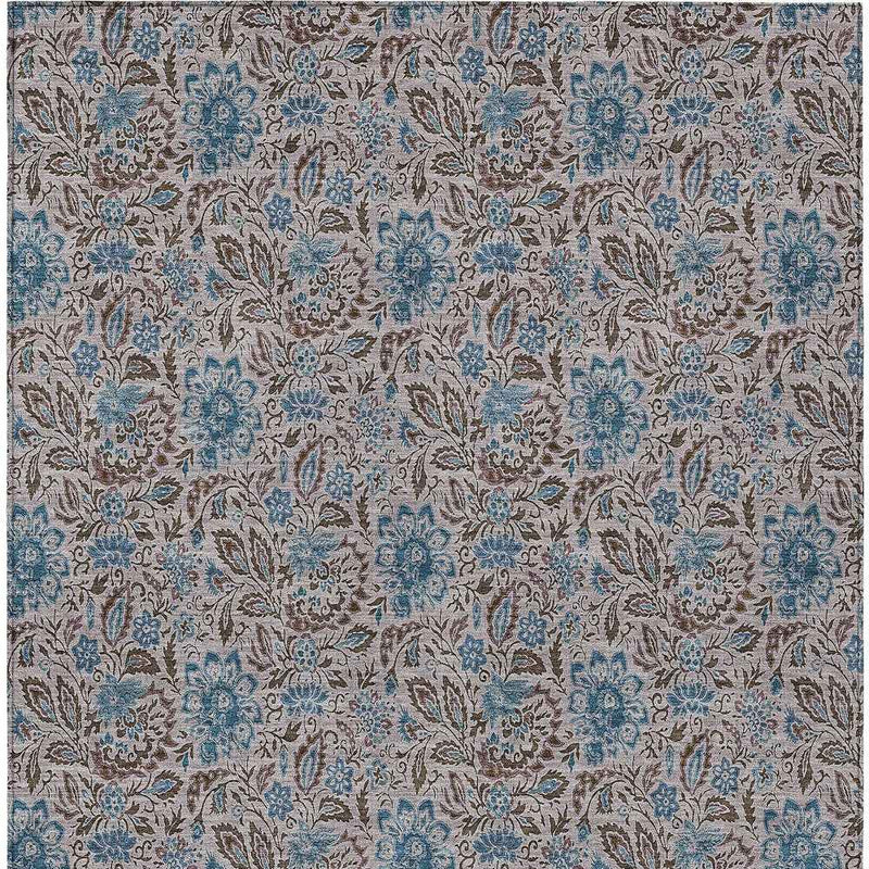 8' X 10' Brown And Blue Floral Washable Indoor Outdoor Area Rug
