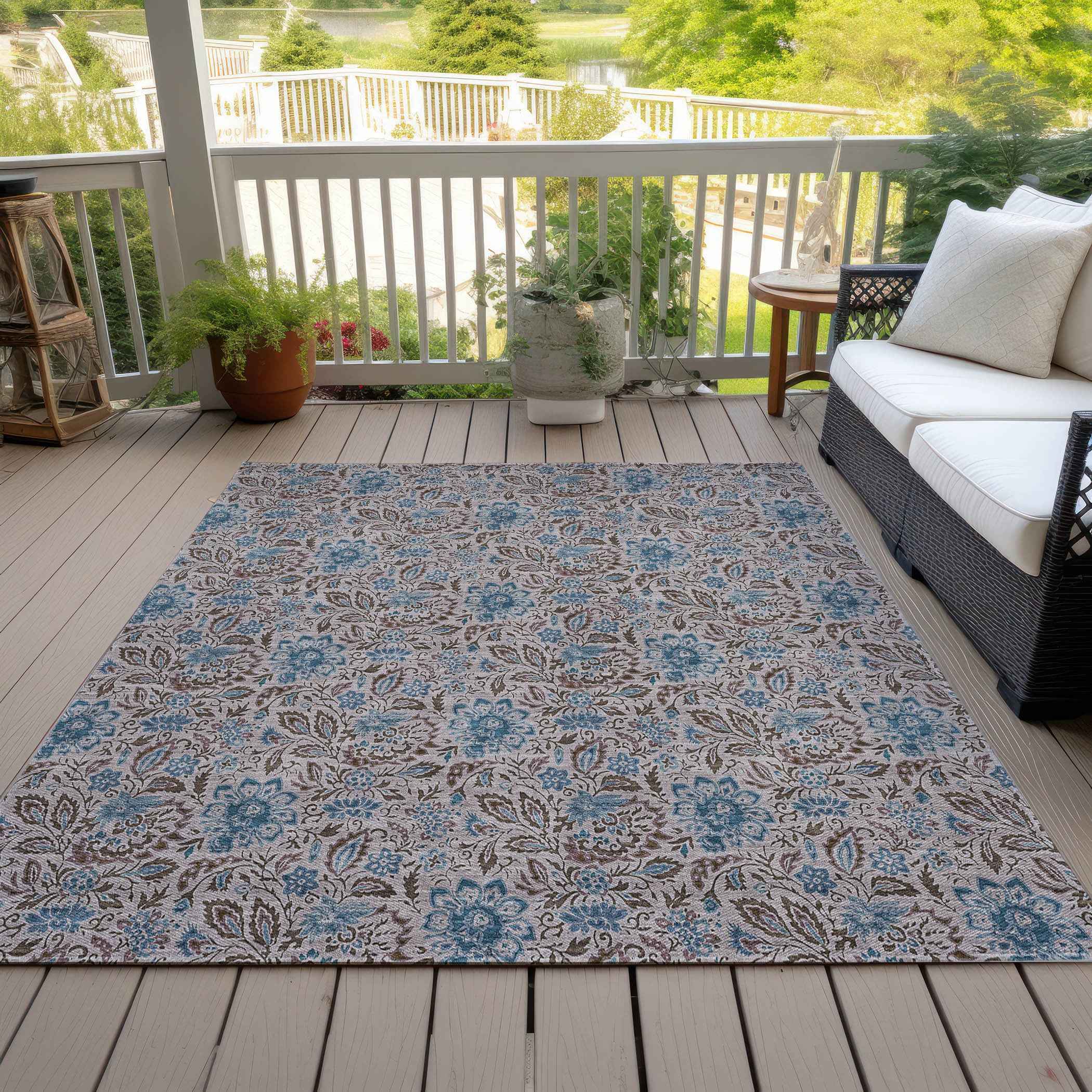 8' X 10' Brown And Blue Floral Washable Indoor Outdoor Area Rug