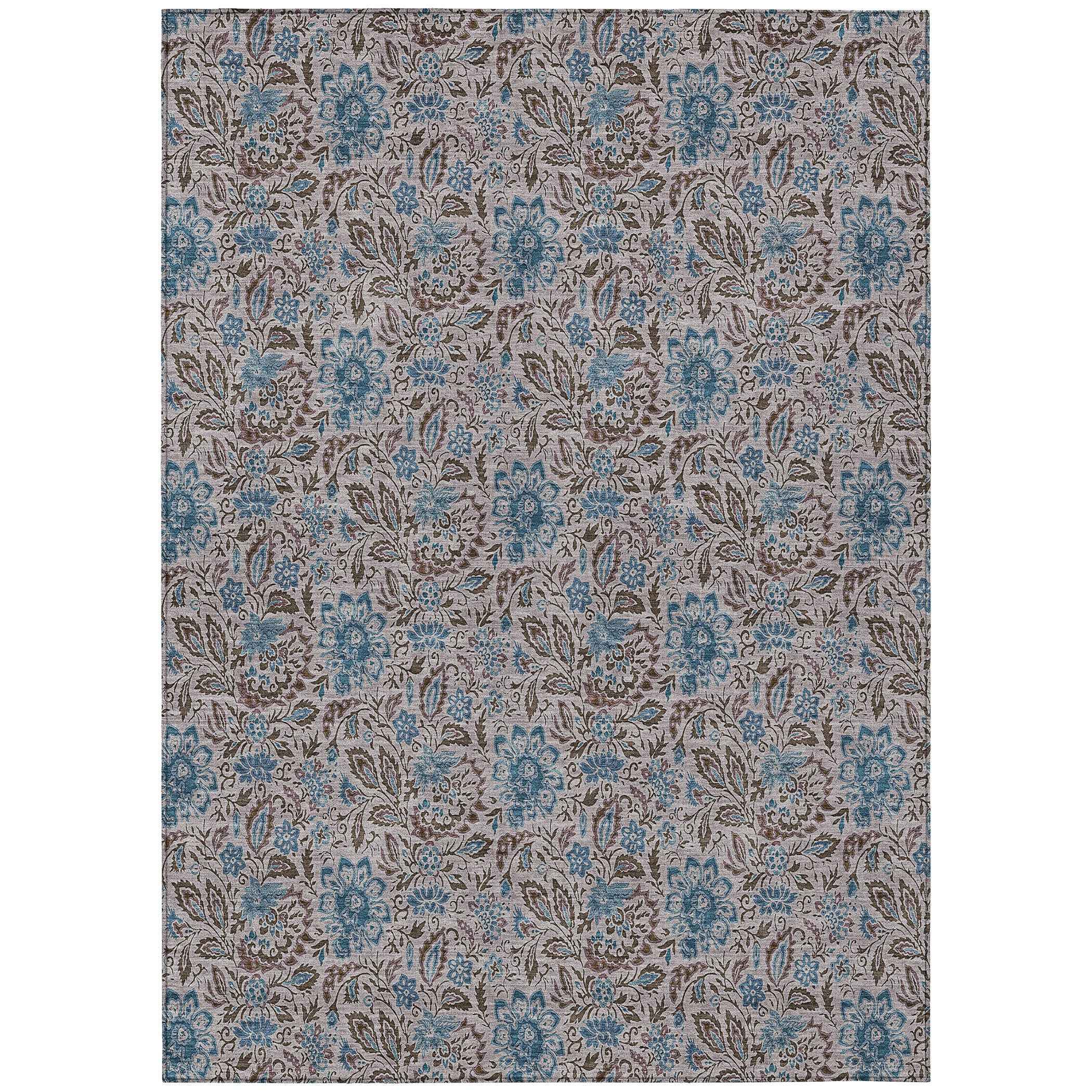 8' X 10' Brown And Blue Floral Washable Indoor Outdoor Area Rug