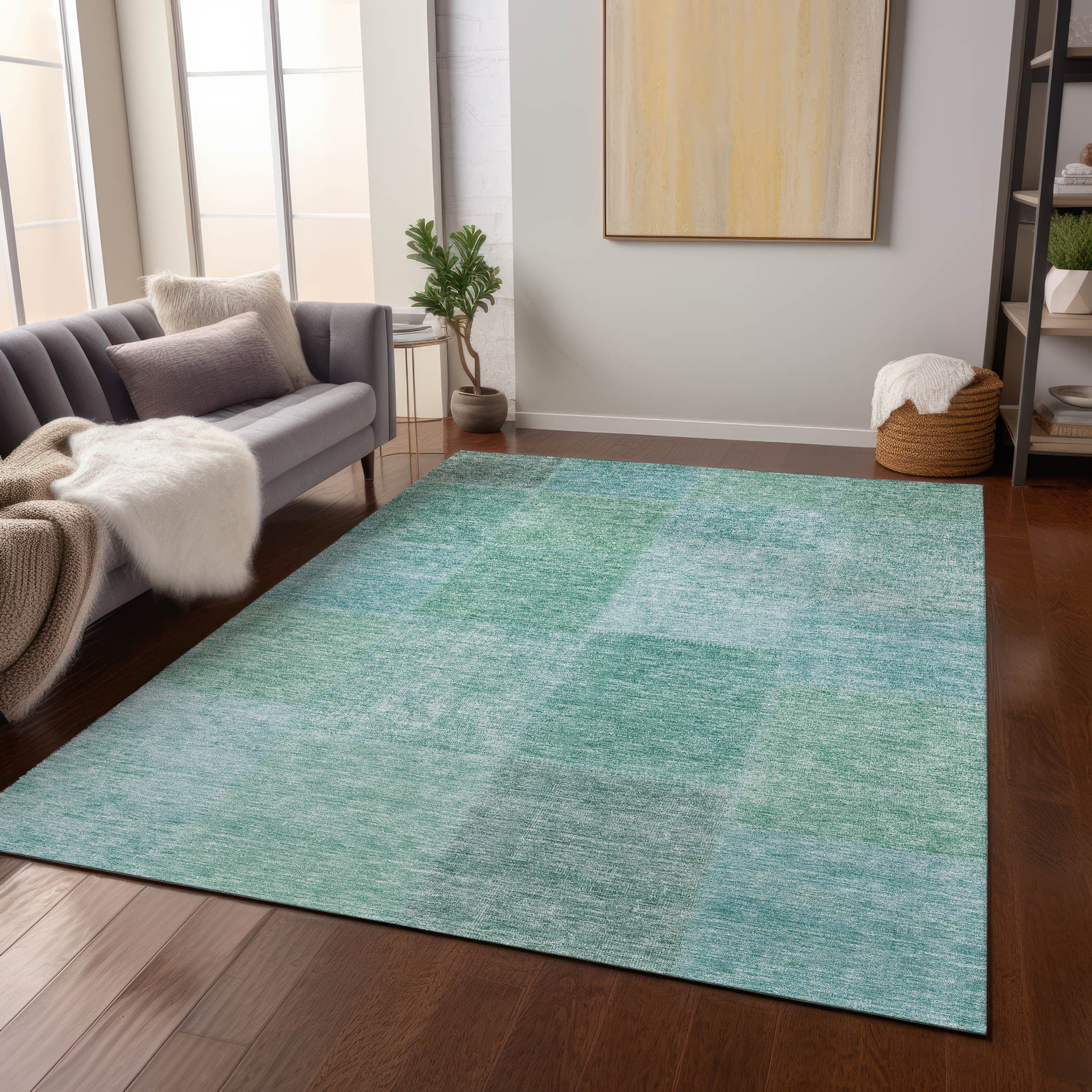 5' X 8' Teal Blue Sage And Green Patchwork Washable Indoor Outdoor Area Rug Default Title