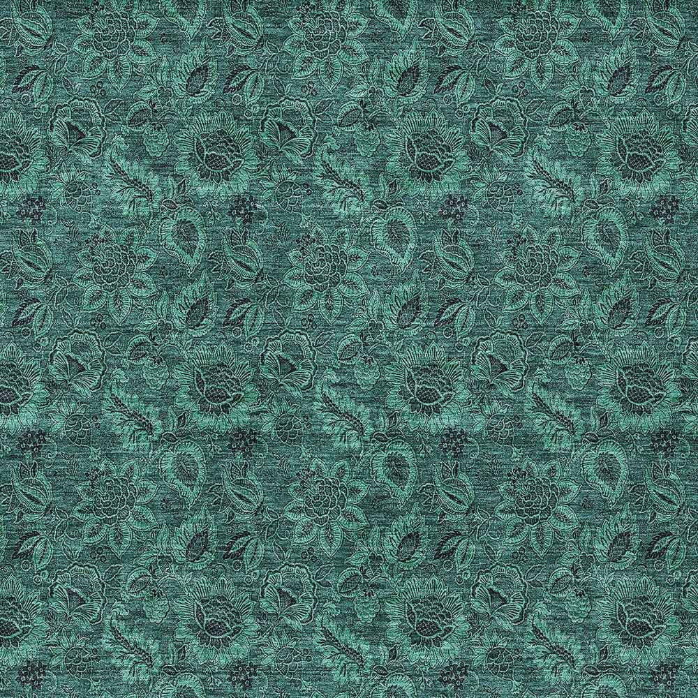10' X 14' Teal Blue Green And Charcoal Floral Washable Indoor Outdoor Area Rug
