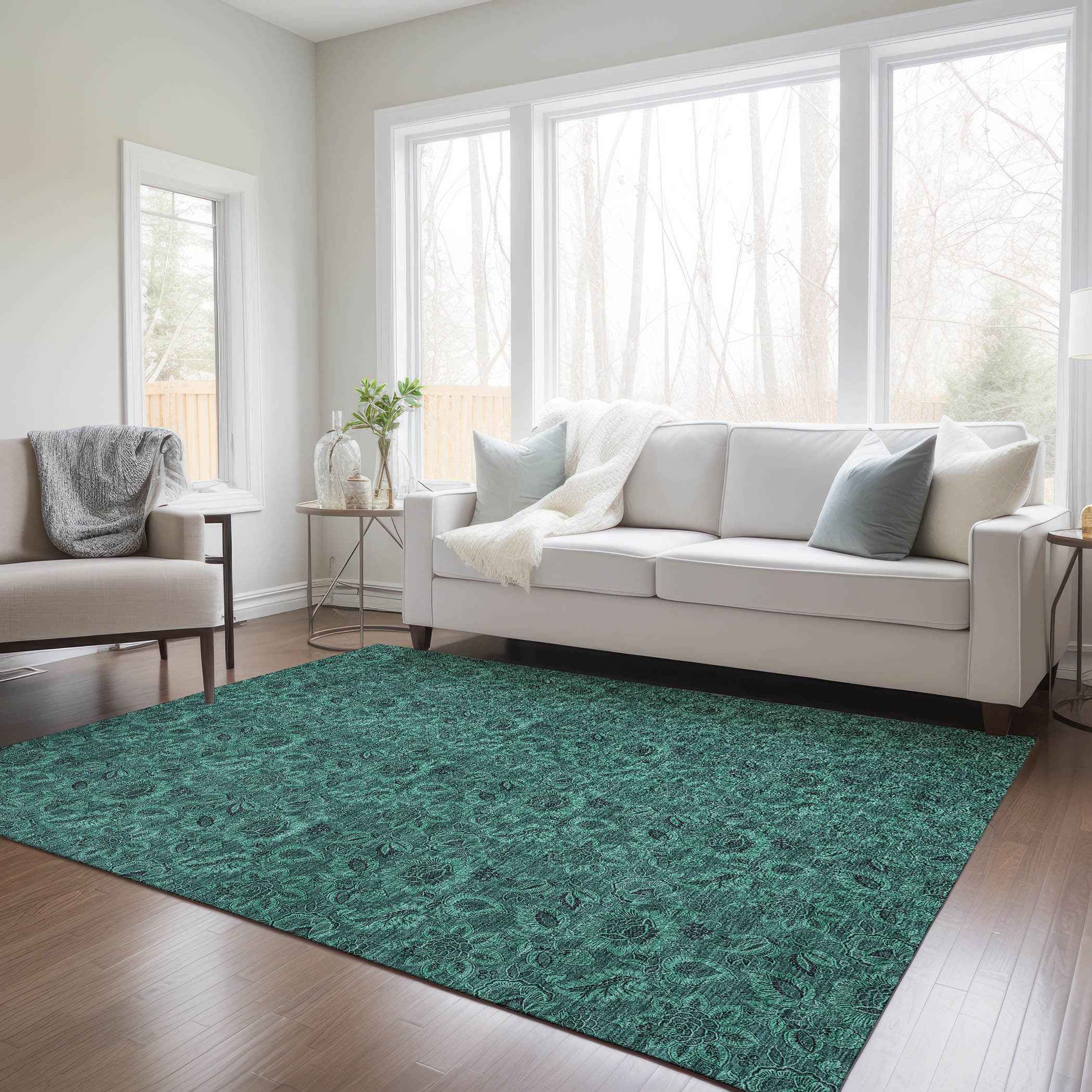 10' X 14' Teal Blue Green And Charcoal Floral Washable Indoor Outdoor Area Rug
