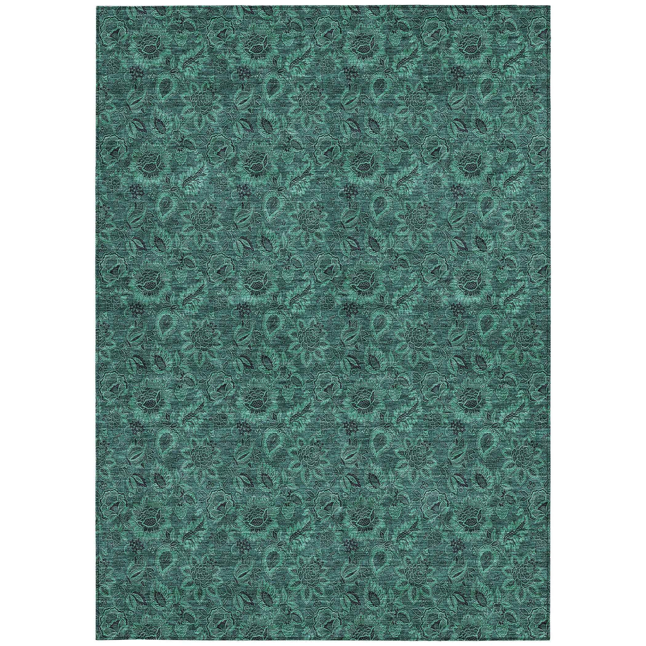 10' X 14' Teal Blue Green And Charcoal Floral Washable Indoor Outdoor Area Rug