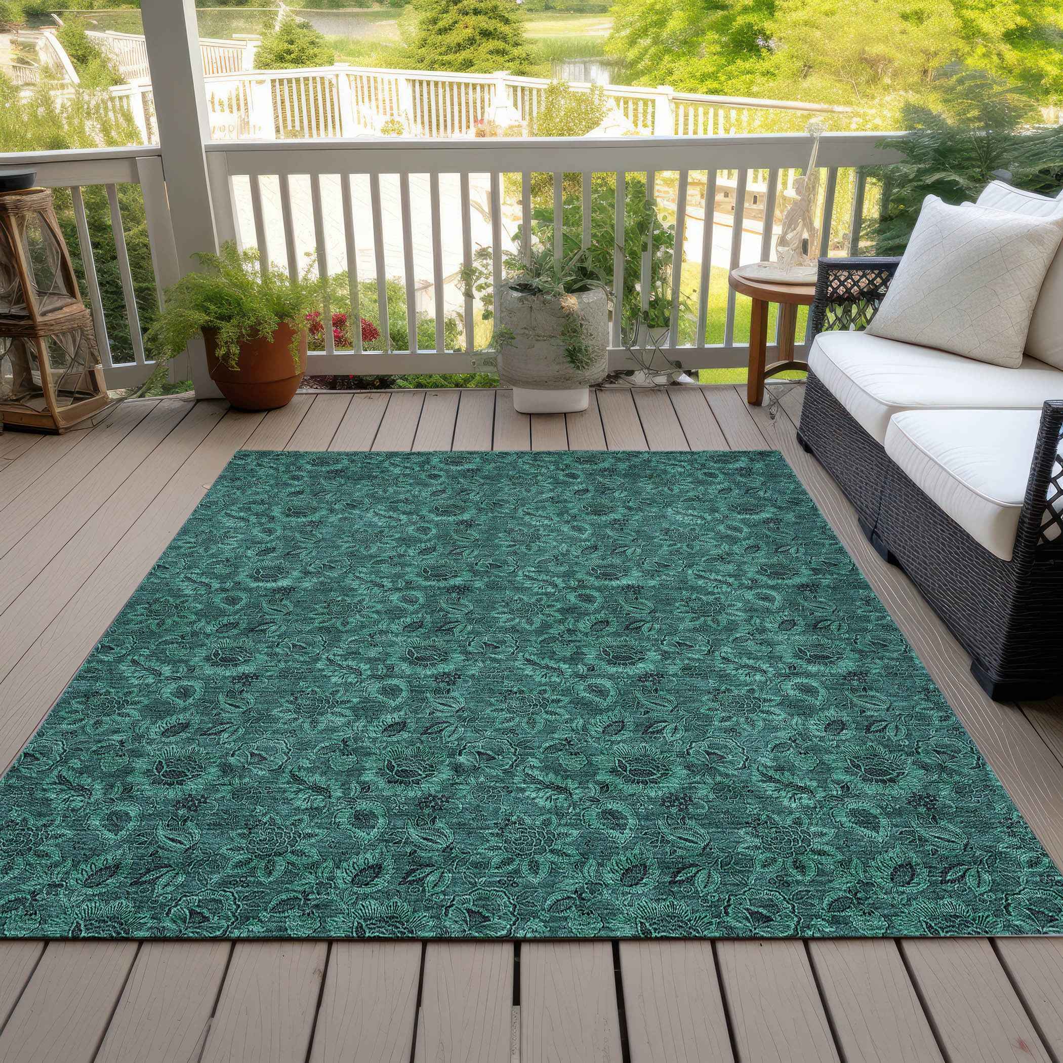 10' X 14' Teal Blue Green And Charcoal Floral Washable Indoor Outdoor Area Rug