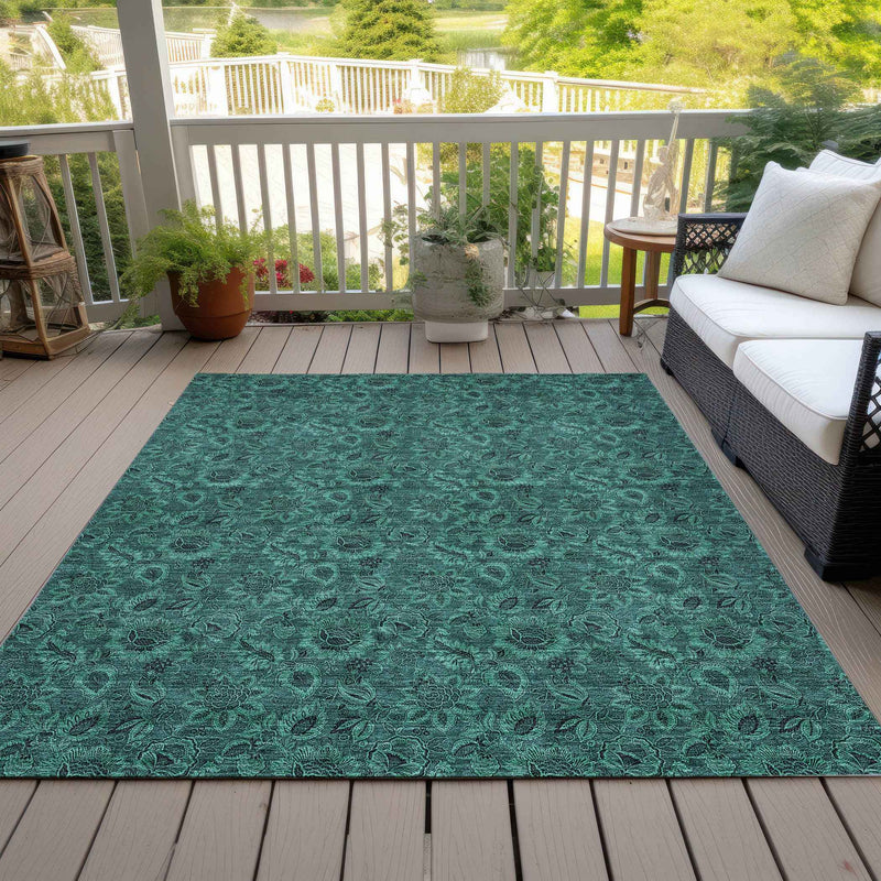10' X 14' Teal Blue Green And Charcoal Floral Washable Indoor Outdoor Area Rug