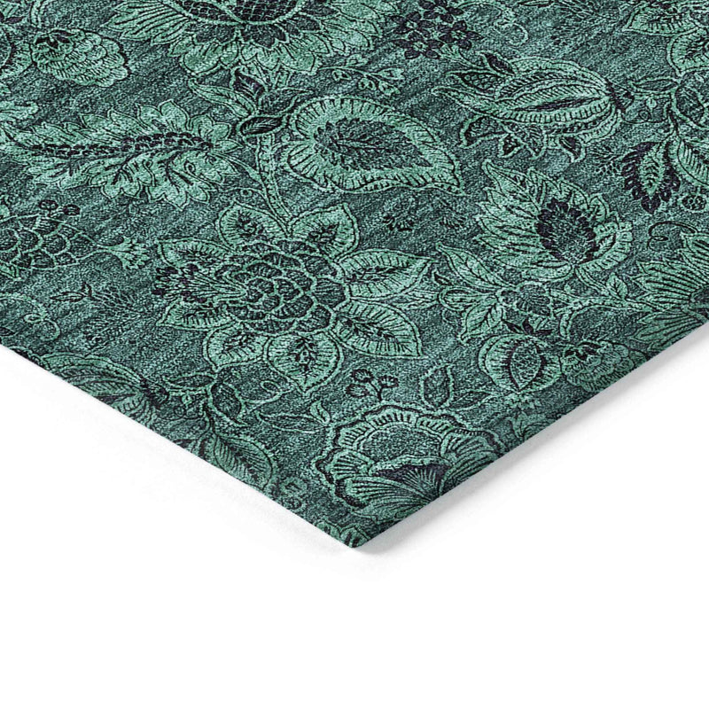 10' X 14' Teal Blue Green And Charcoal Floral Washable Indoor Outdoor Area Rug