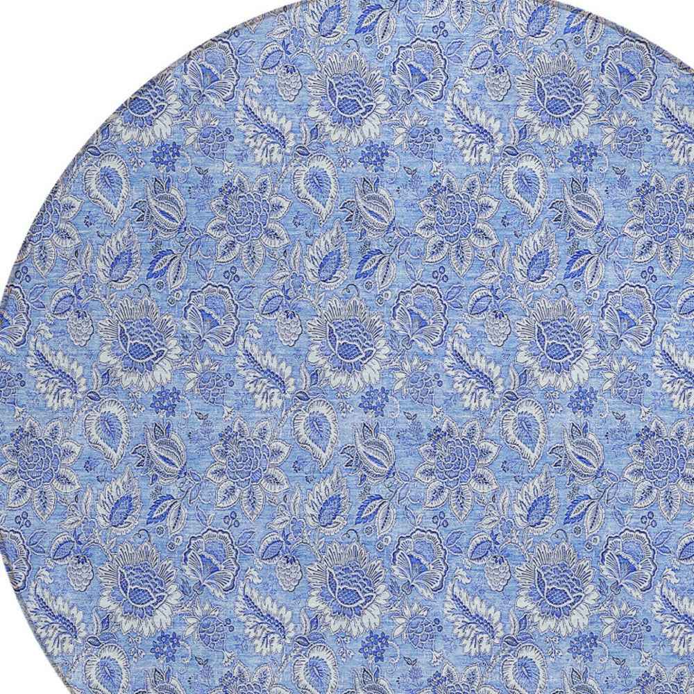 8' Navy Blue And Denim Blue Round Floral Washable Indoor Outdoor Area Rug