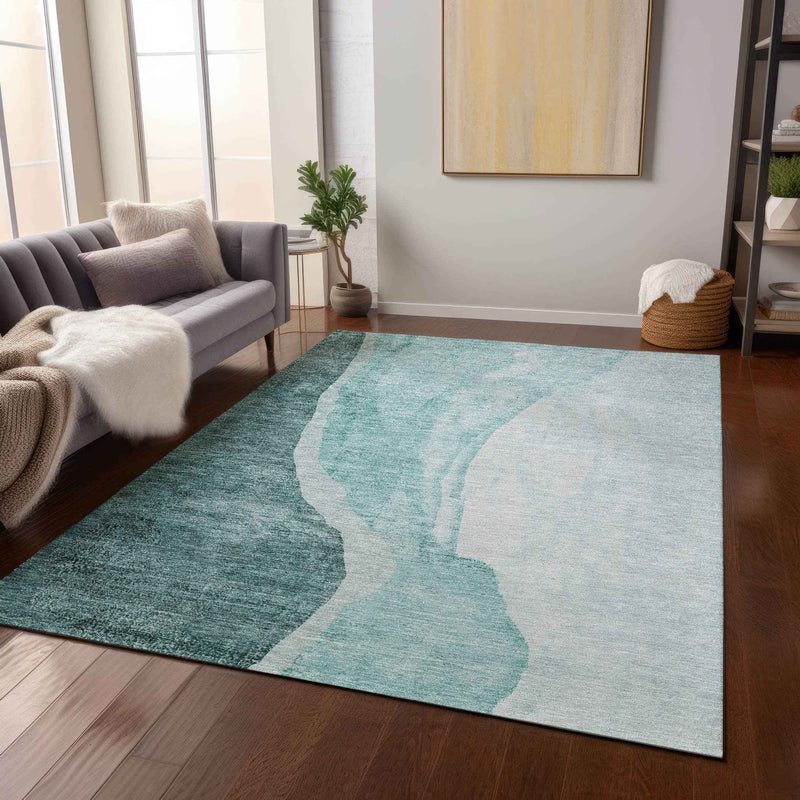 3' X 5' Teal Blue Aqua And Mint Green Abstract Washable Indoor Outdoor Area Rug