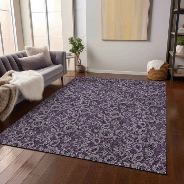 3' X 5' Eggplant Purple And Lilac Floral Washable Indoor Outdoor Area Rug