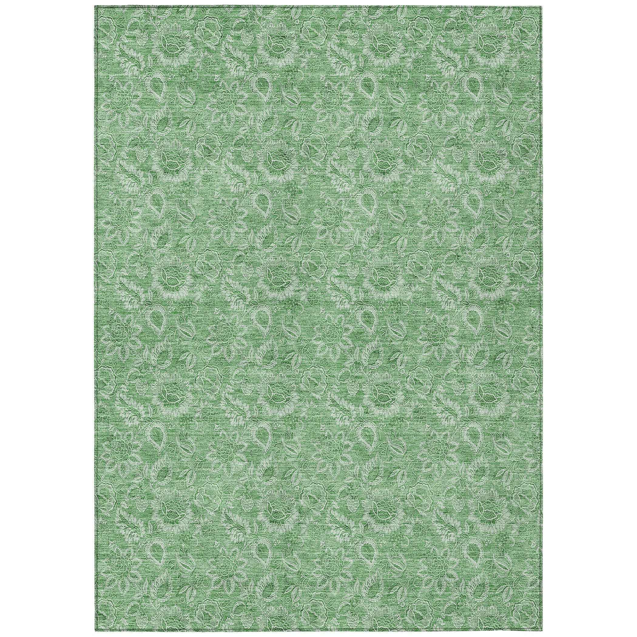 5' X 8' Green And Artichoke Green Floral Washable Indoor Outdoor Area Rug