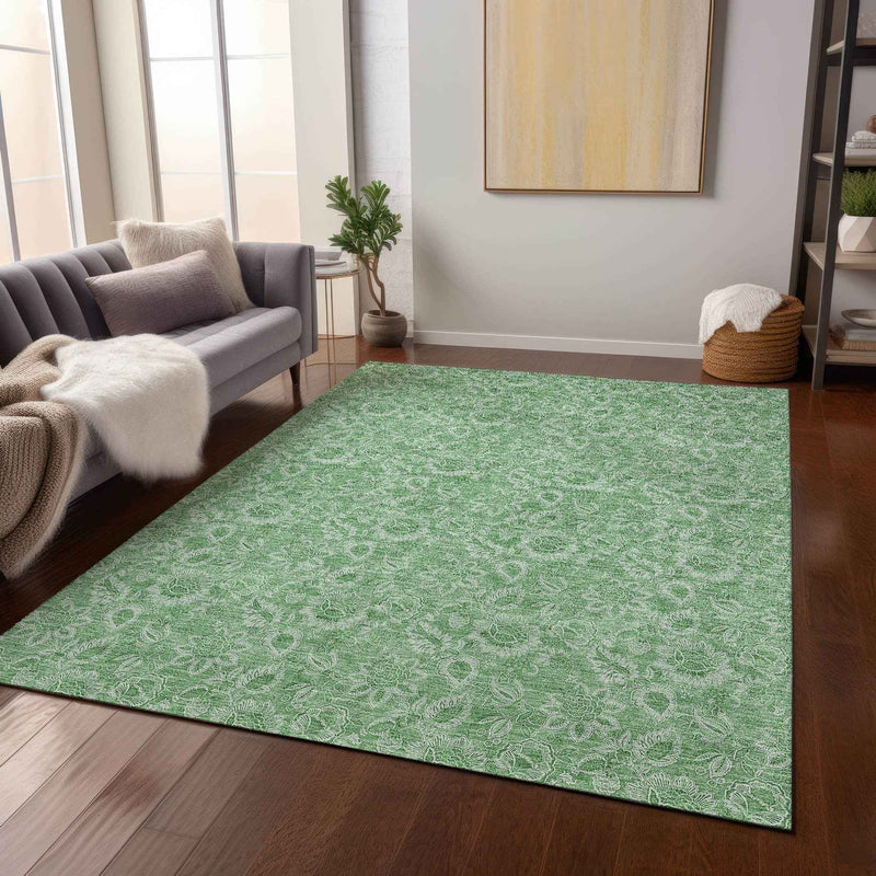 5' X 8' Green And Artichoke Green Floral Washable Indoor Outdoor Area Rug