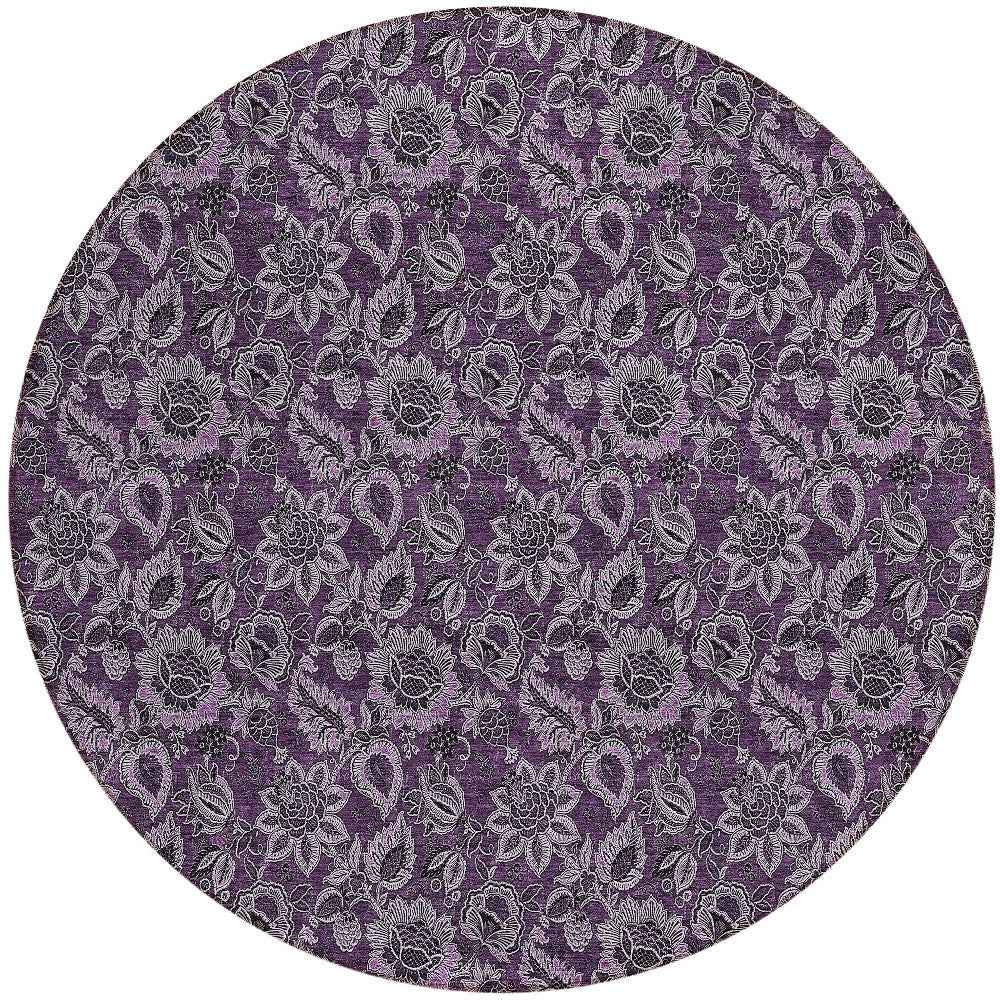 8' Eggplant Purple And Lilac Round Floral Washable Indoor Outdoor Area Rug