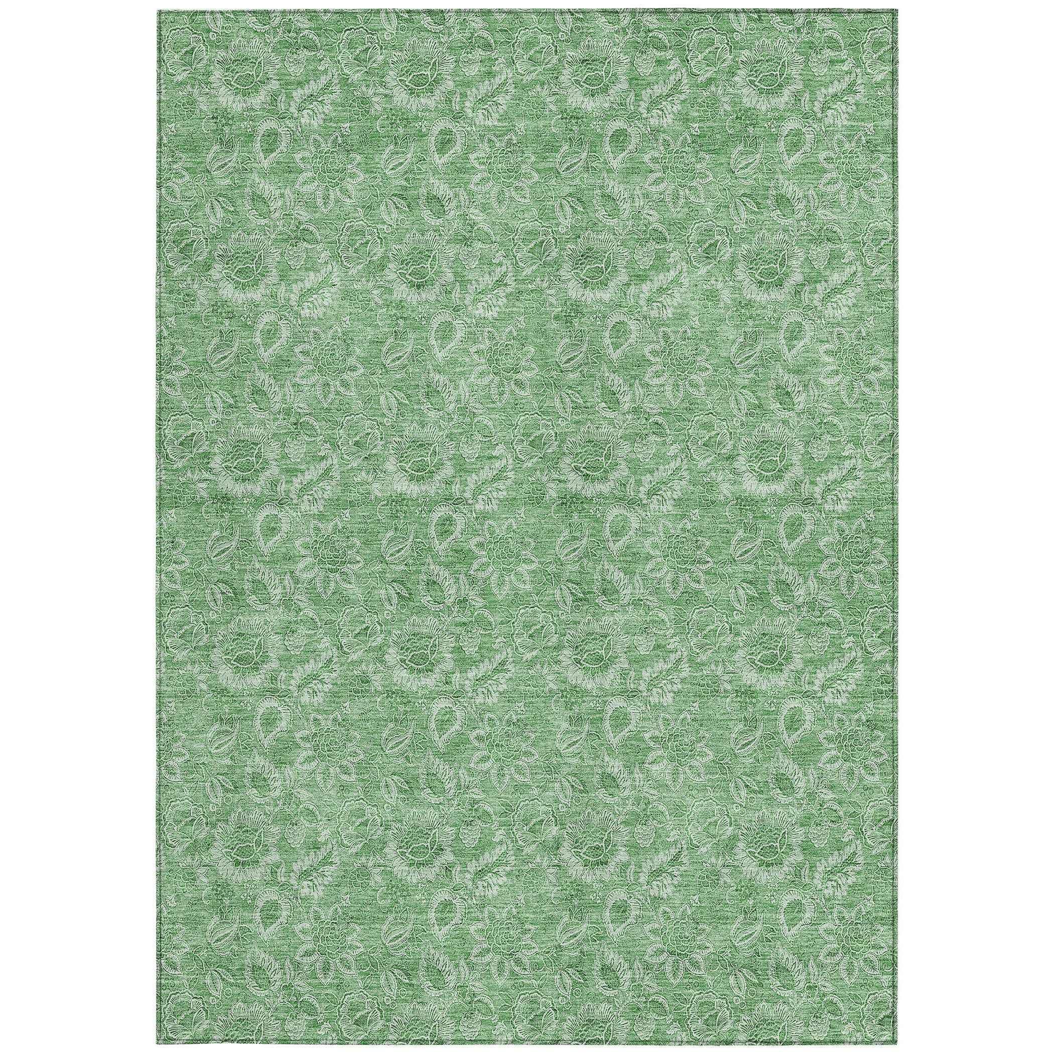 5' X 8' Green And Artichoke Green Floral Washable Indoor Outdoor Area Rug
