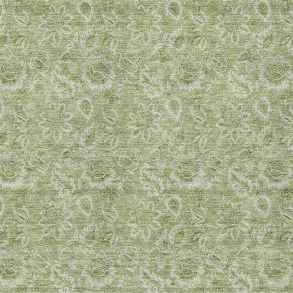 9' X 12' Green Blue And Ivory Floral Washable Indoor Outdoor Area Rug