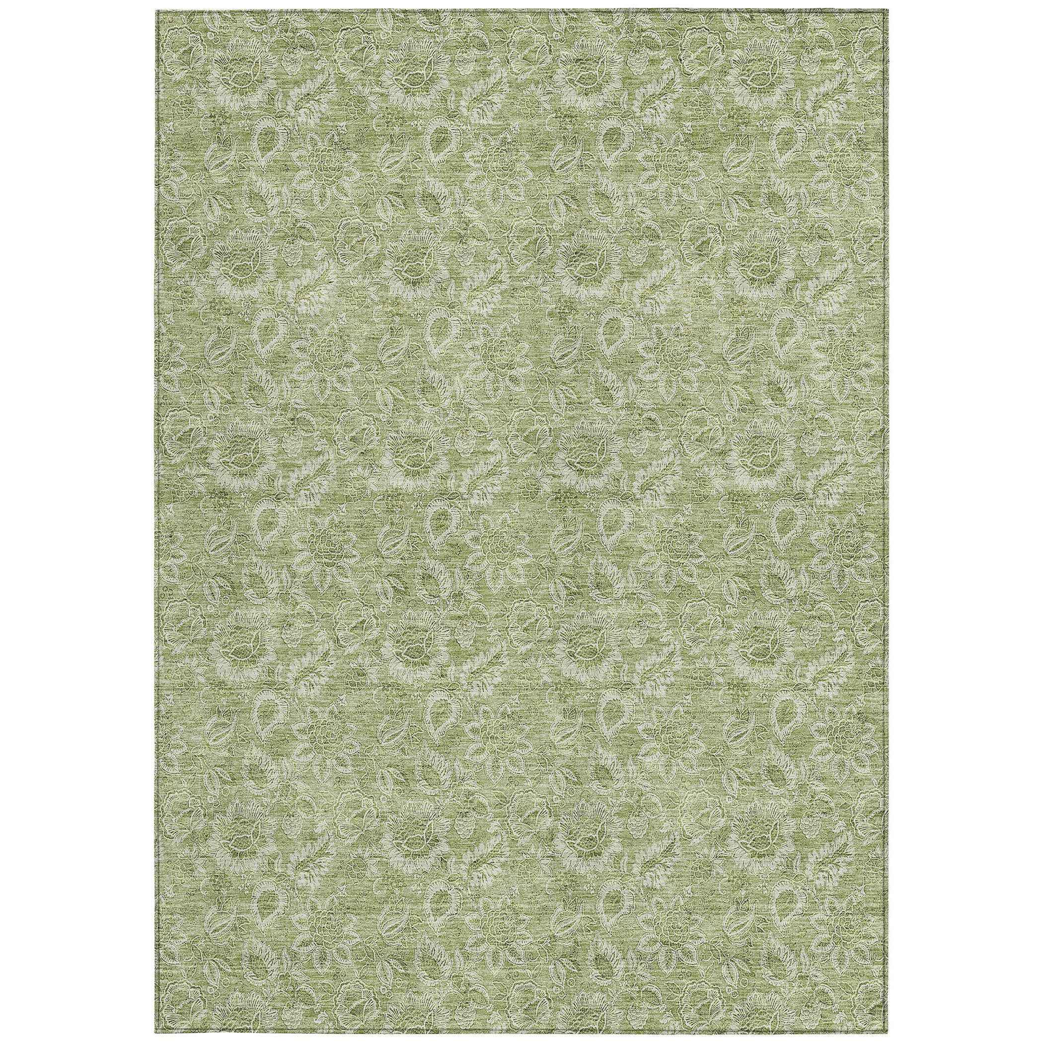 9' X 12' Green Blue And Ivory Floral Washable Indoor Outdoor Area Rug