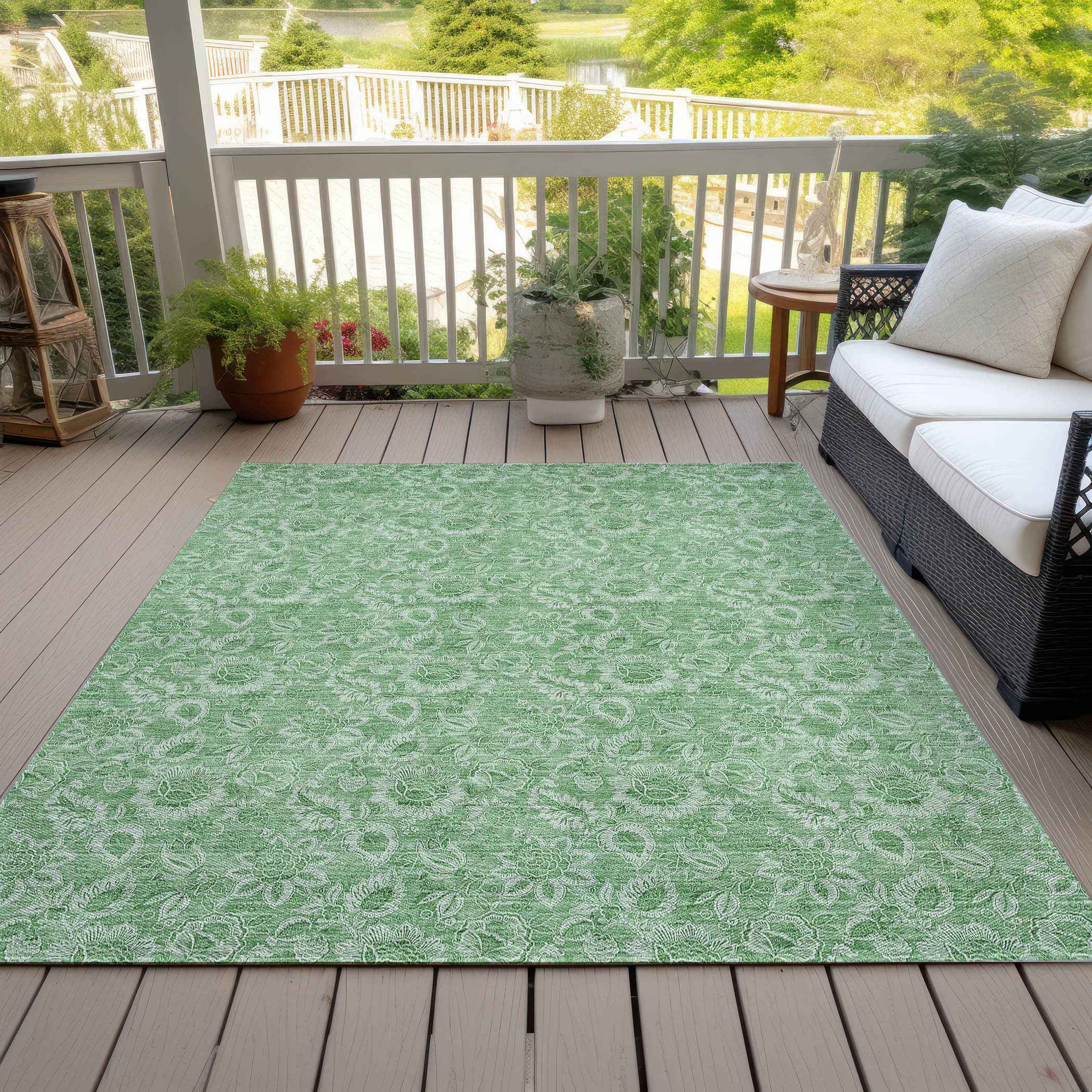 3' X 5' Green And Artichoke Green Floral Washable Indoor Outdoor Area Rug