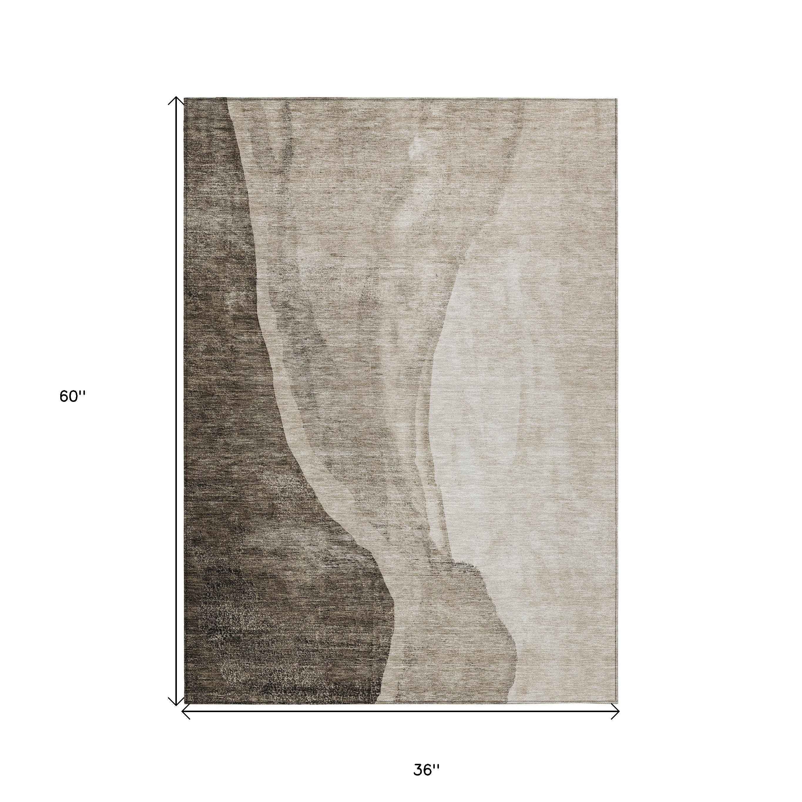 3' X 5' Taupe And Brown Abstract Washable Indoor Outdoor Area Rug