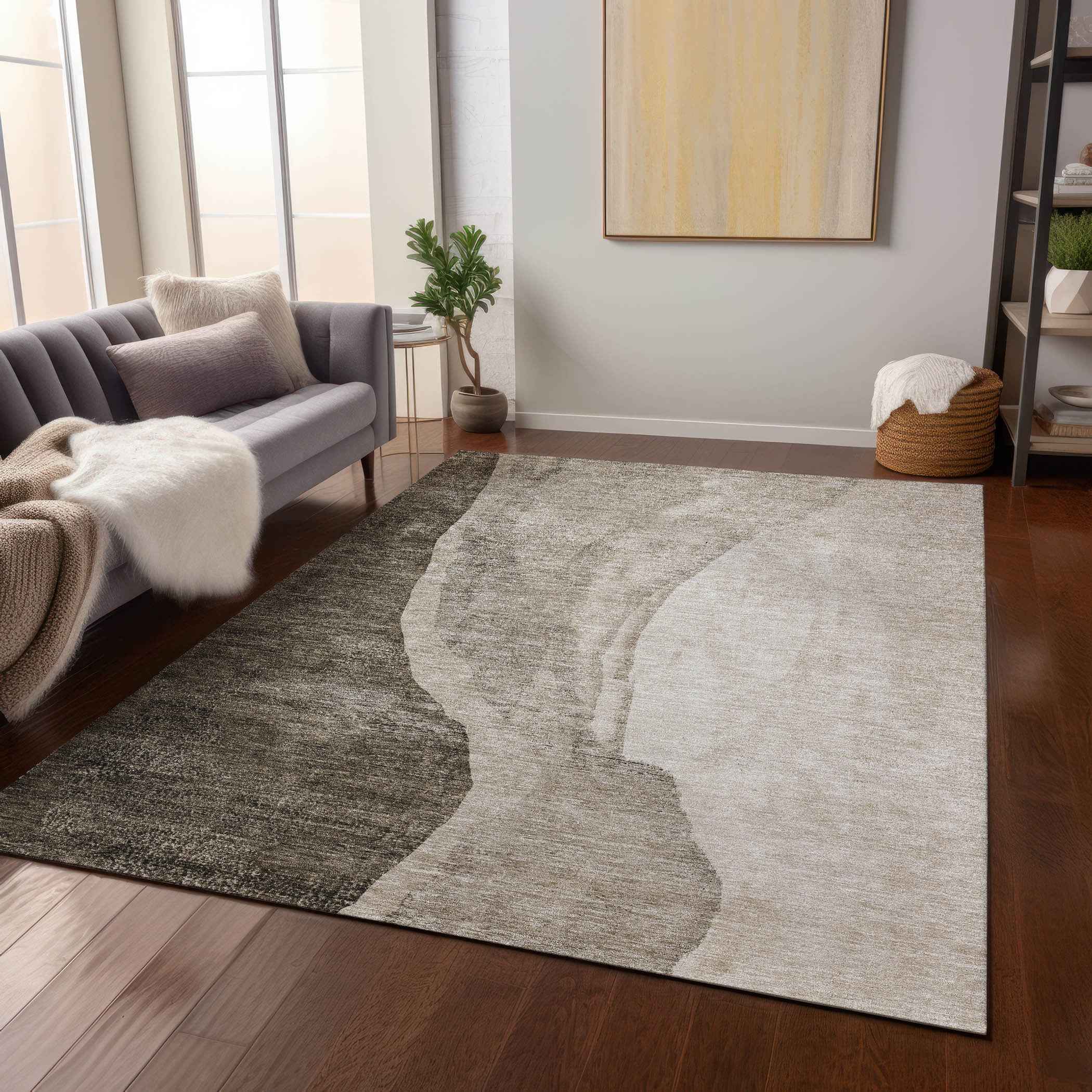 3' X 5' Taupe And Brown Abstract Washable Indoor Outdoor Area Rug