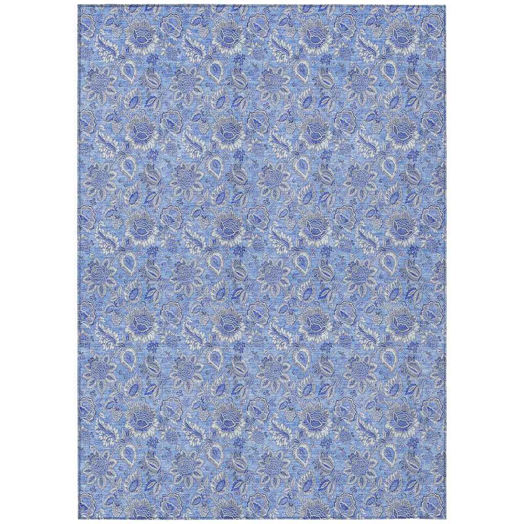 5' X 8' Navy Blue And Denim Blue Floral Washable Indoor Outdoor Area Rug