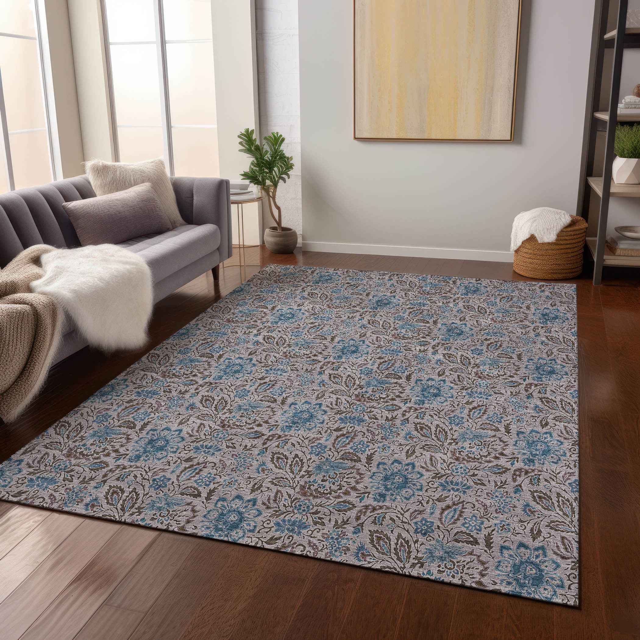 9' X 12' Brown And Blue Floral Washable Indoor Outdoor Area Rug