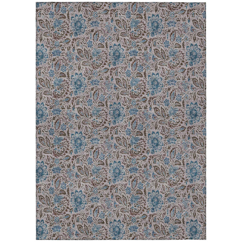 9' X 12' Brown And Blue Floral Washable Indoor Outdoor Area Rug