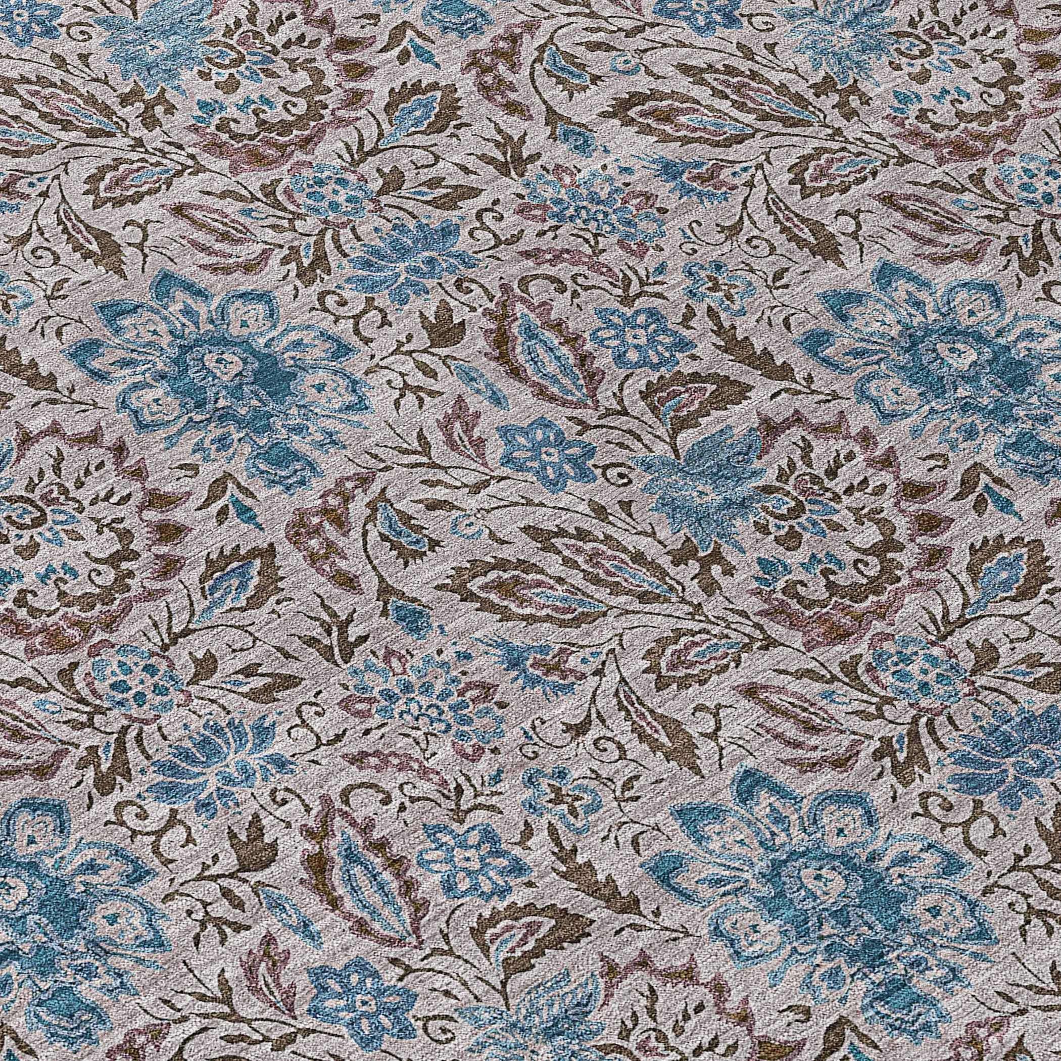 9' X 12' Brown And Blue Floral Washable Indoor Outdoor Area Rug