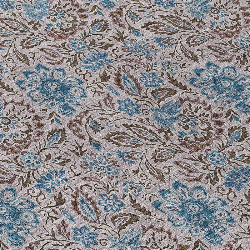 9' X 12' Brown And Blue Floral Washable Indoor Outdoor Area Rug