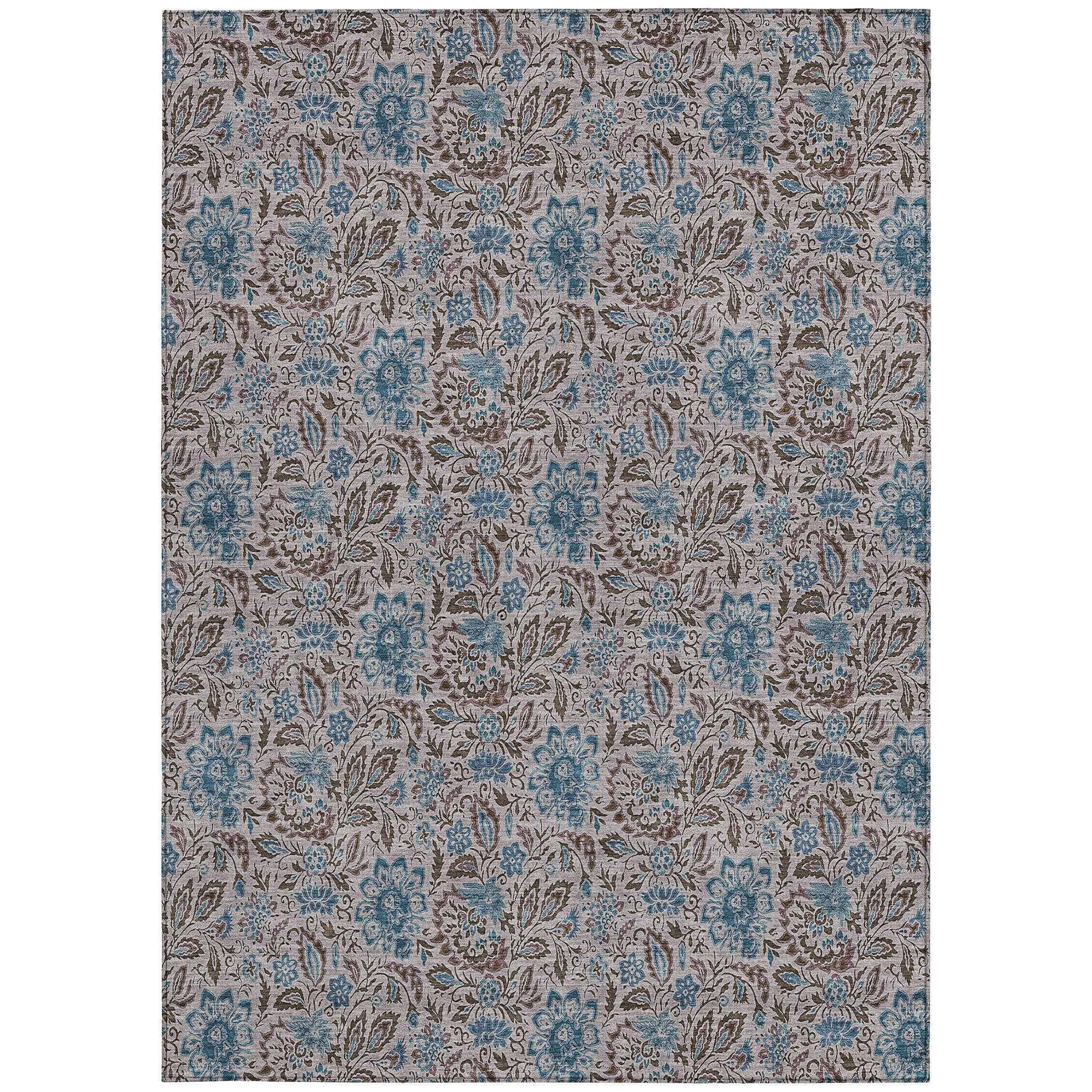 9' X 12' Brown And Blue Floral Washable Indoor Outdoor Area Rug