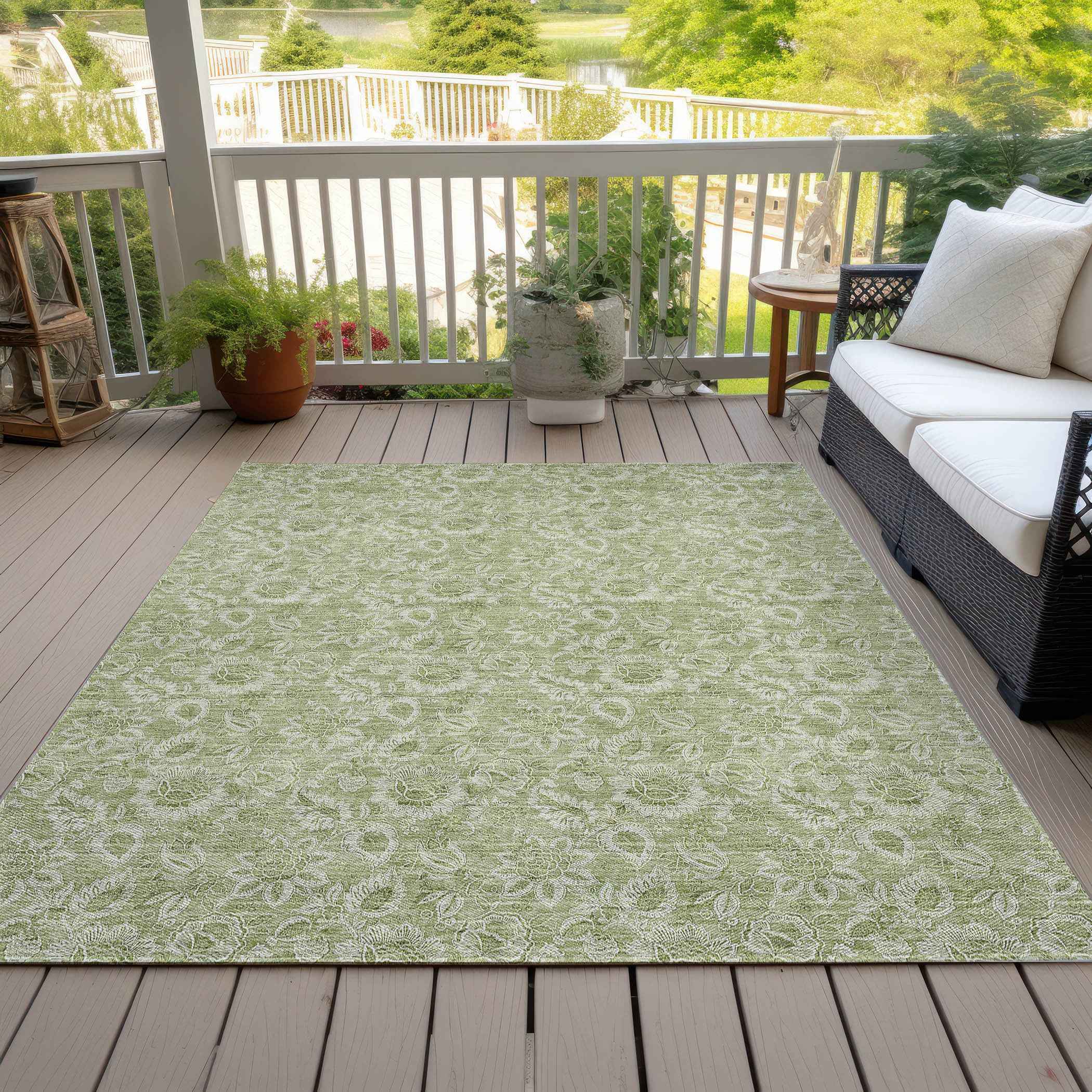 10' X 14' Green Blue And Ivory Floral Washable Indoor Outdoor Area Rug