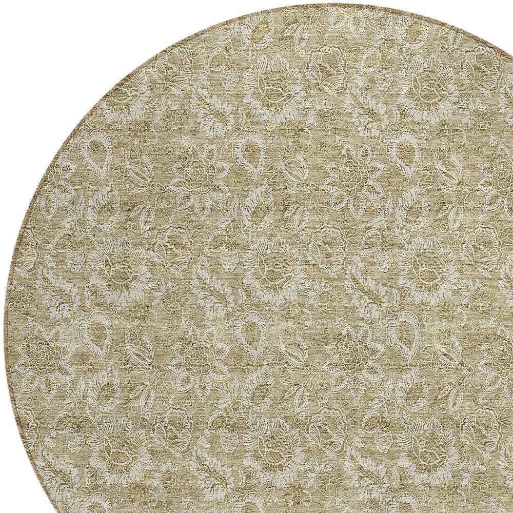 8' Beige Taupe And Brown Round Floral Washable Indoor Outdoor Area Rug