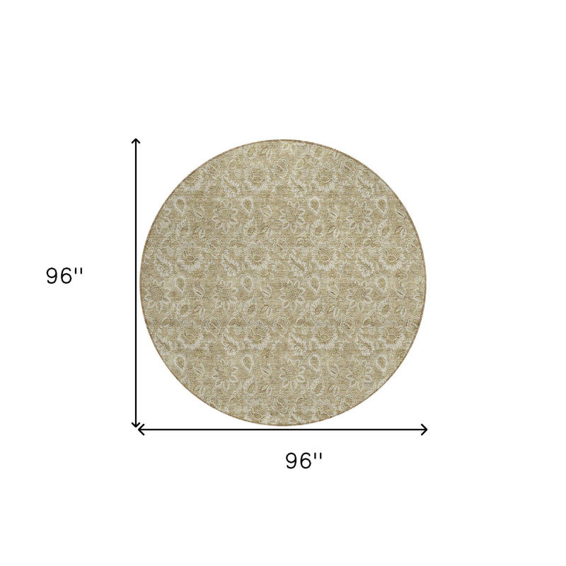 8' Beige Taupe And Brown Round Floral Washable Indoor Outdoor Area Rug