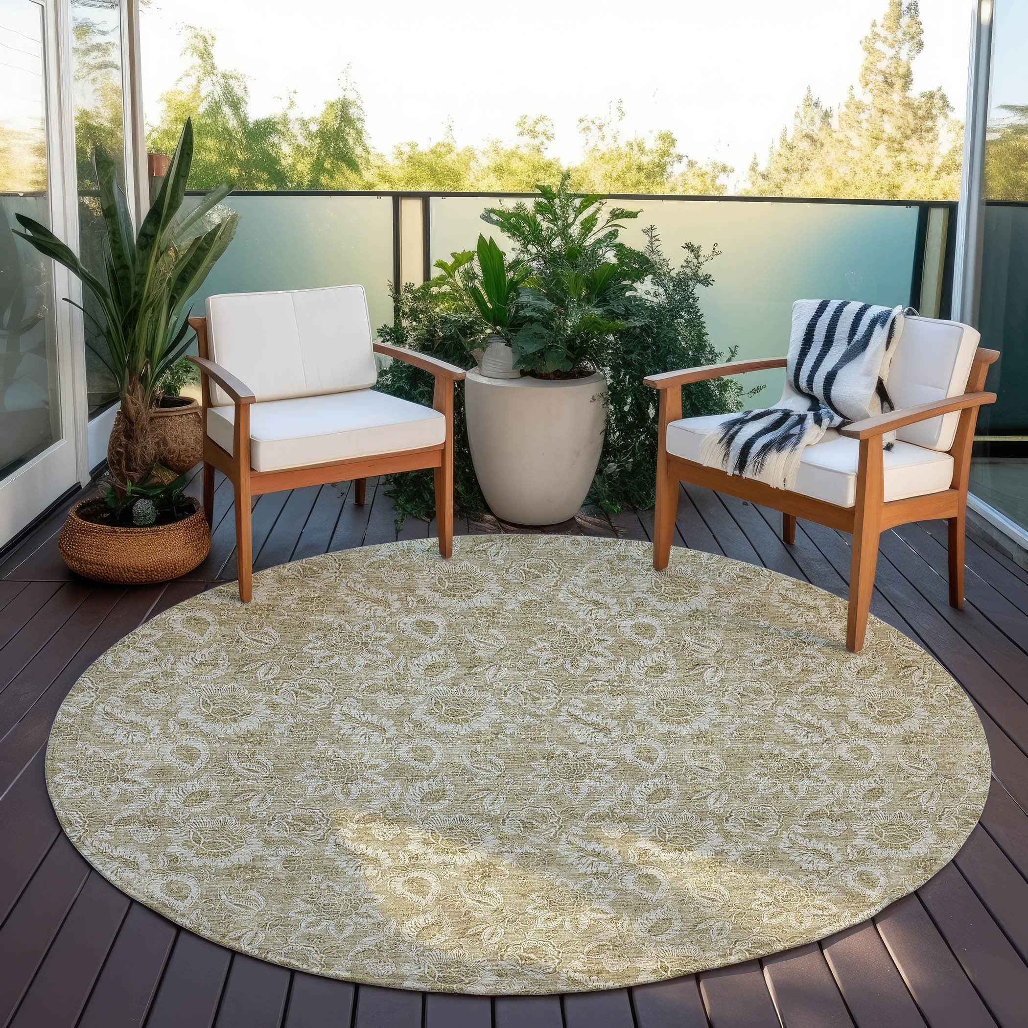8' Beige Taupe And Brown Round Floral Washable Indoor Outdoor Area Rug