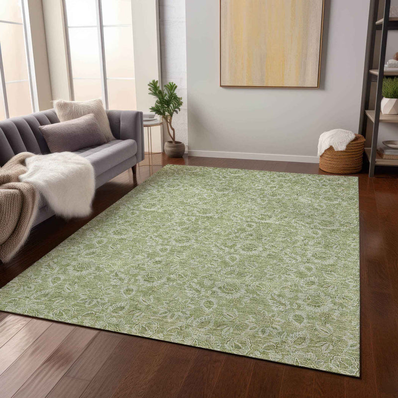 5' X 8' Green Blue And Ivory Floral Washable Indoor Outdoor Area Rug