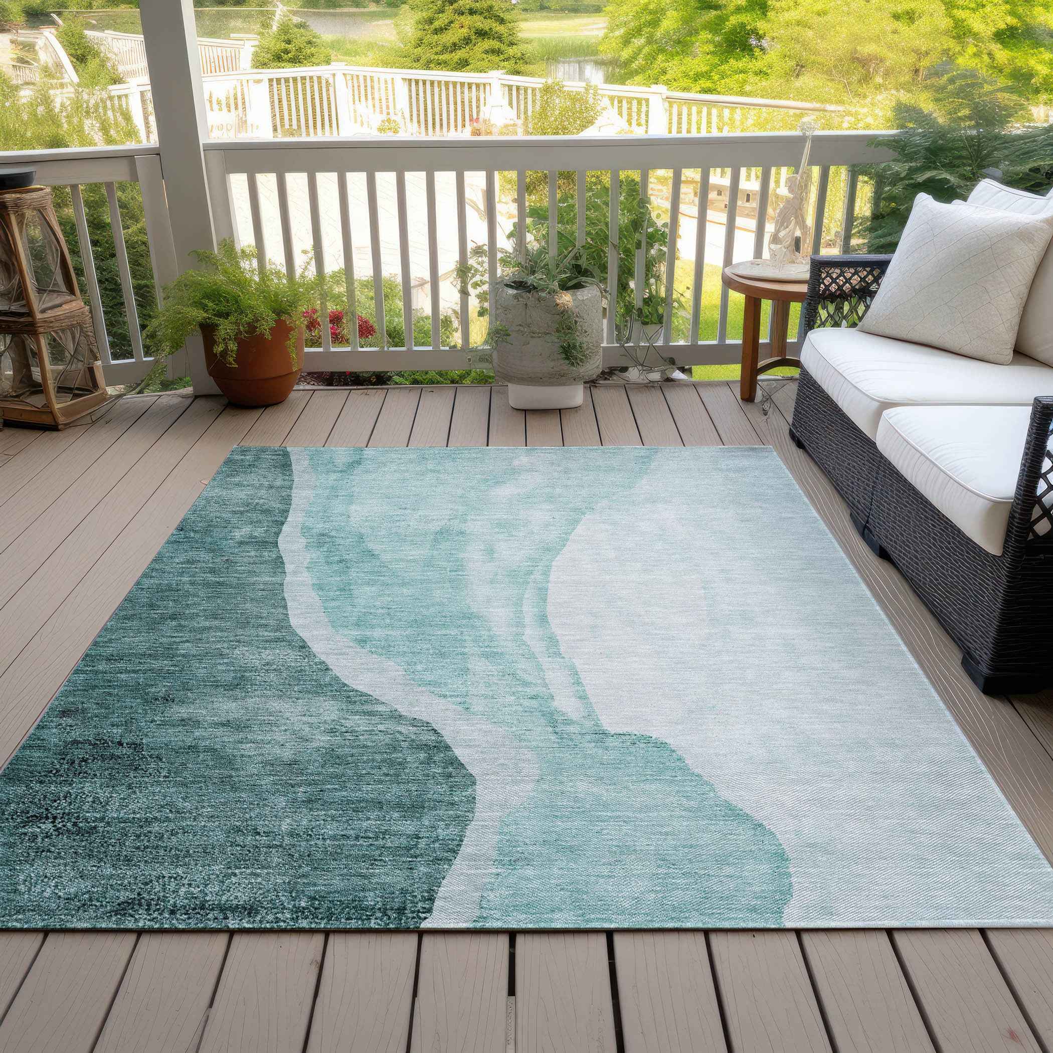 9' X 12' Teal Blue Aqua And Mint Green Abstract Washable Indoor Outdoor Area Rug