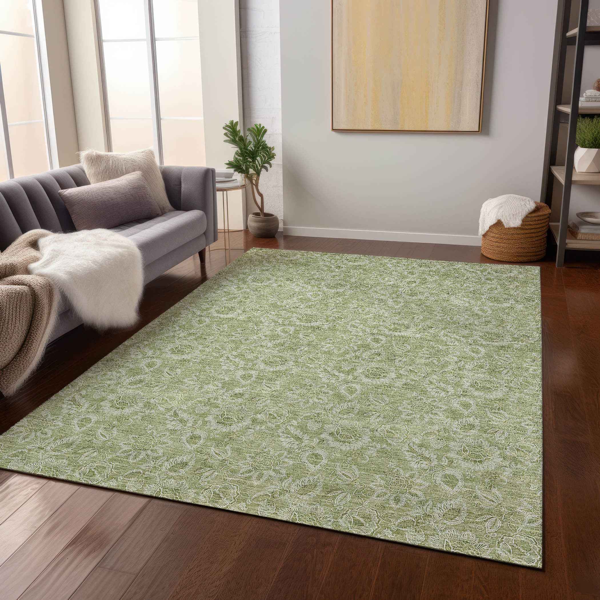 3' X 5' Green Blue And Ivory Floral Washable Indoor Outdoor Area Rug