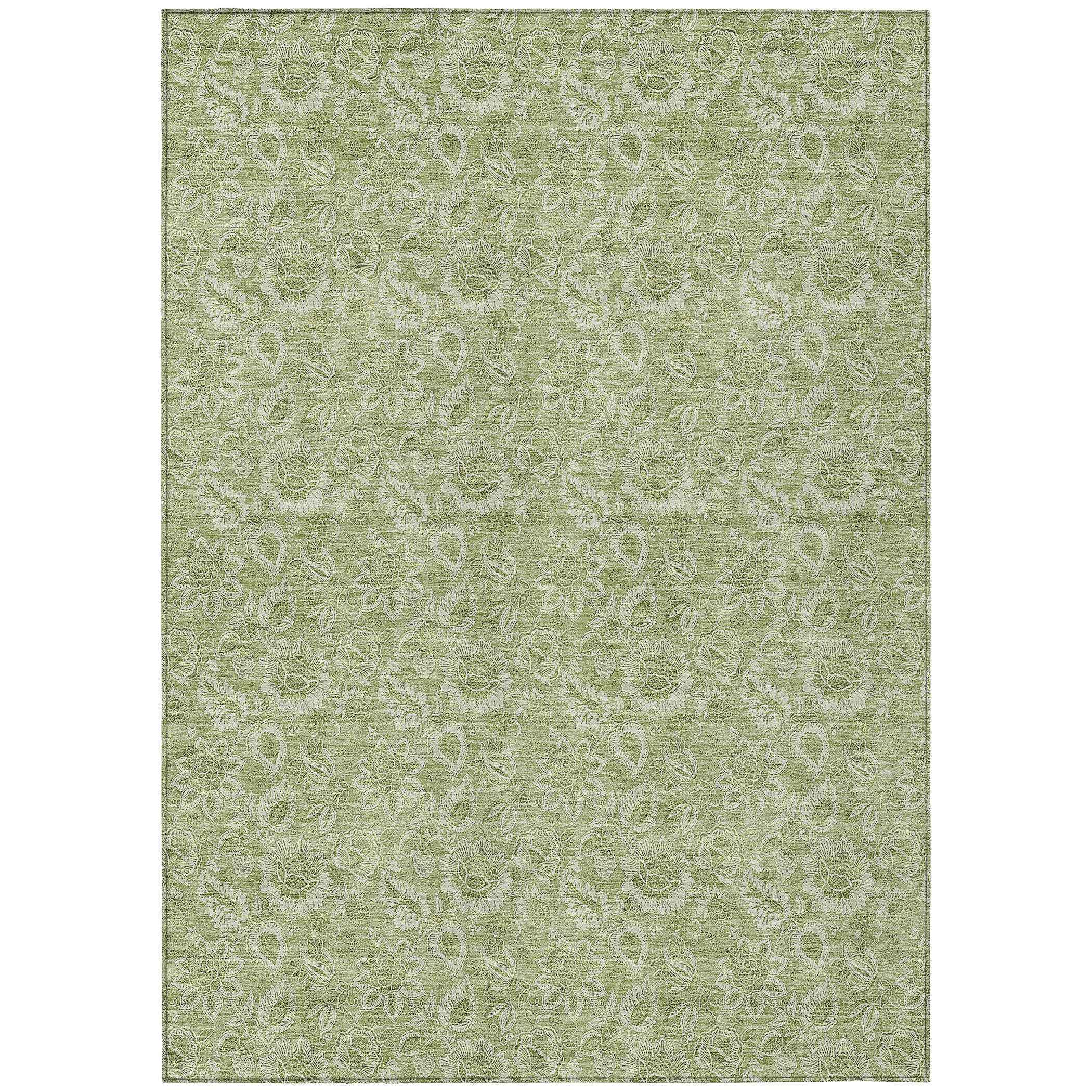 3' X 5' Green Blue And Ivory Floral Washable Indoor Outdoor Area Rug
